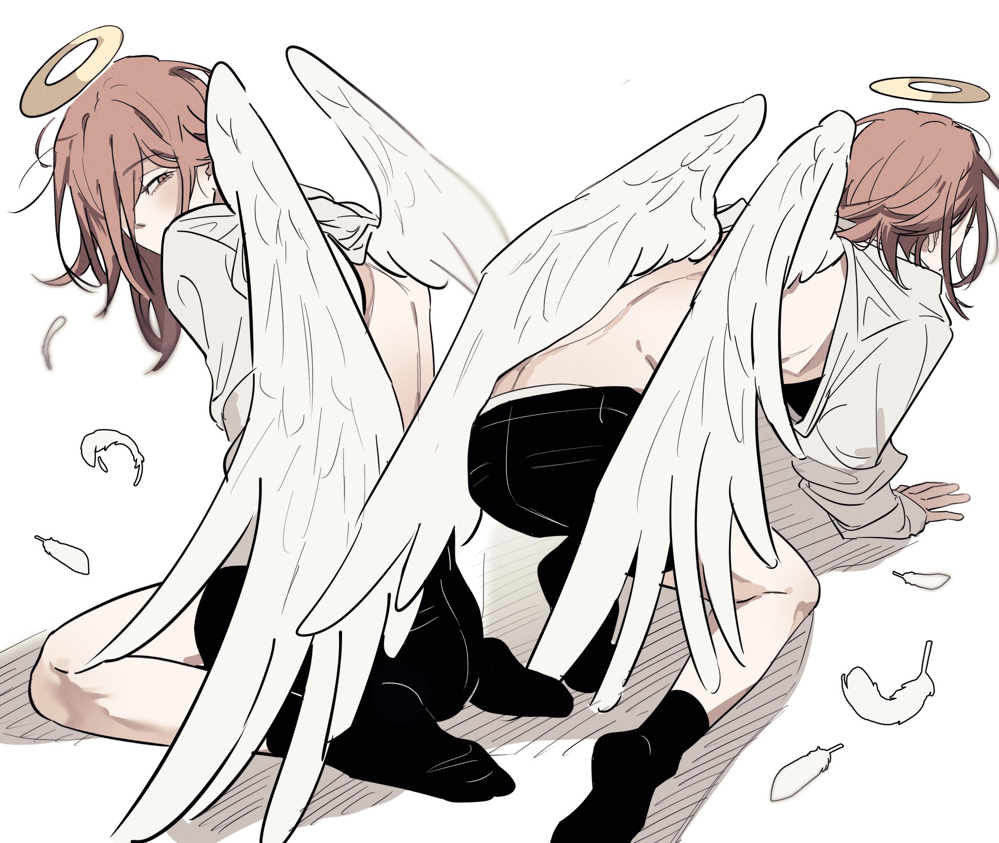 angel devil (chainsaw man), chainsaw man, highres, 1boy, androgynous, angel wings, back, black shorts, black socks, clothes lift, falling feathers, feathers, hair over one eye, halo, long sleeves, male focus, medium hair, one eye covered, red hair, shirt lift, shorts, simple background, socks, tus oo, white background, white wings, wings