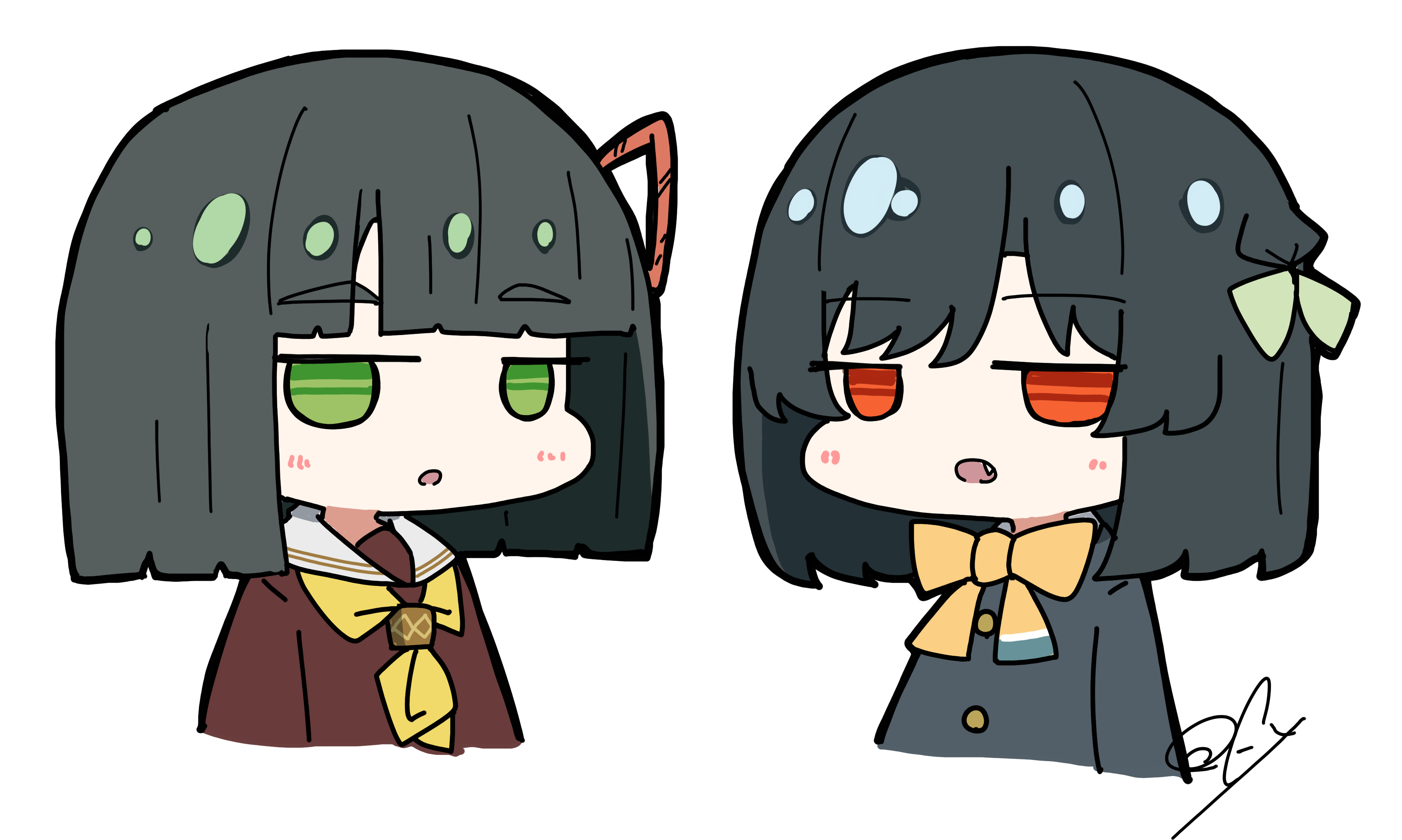 oofushi ao, mifune shioriko, momose ginko, link! like! love live!, love live!, love live! nijigasaki high school idol club, absurdres, highres, 2girls, :o, black hair, black jacket, blunt bangs, blunt ends, bob cut, bow, bowtie, brown dress, chibi, chibi only, dress, fang, green bow, green eyes, hair bow, hasu no sora school uniform, jacket, jitome, long sleeves, looking at viewer, medium hair, multiple girls, neckerchief, nijigasaki school uniform, open mouth, orange eyes, parted lips, sailor collar, sailor dress, school uniform, signature, simple background, trait connection, virtual youtuber, white background, white sailor collar, winter uniform, yellow bow, yellow bowtie, yellow neckerchief