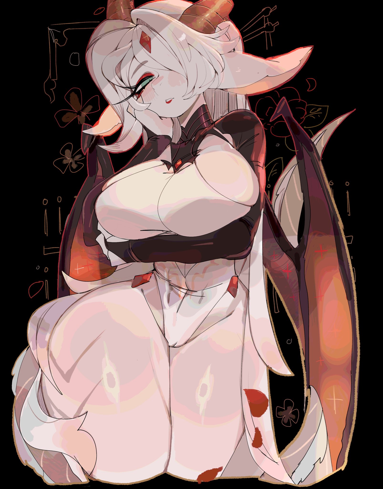 usa37107692, original, commentary, commission, english commentary, highres, 1girl, animal ears, black background, black bridal gauntlets, blue eyes, breasts, bridal gauntlets, cameltoe, colored skin, cropped legs, curvy, hair over one eye, hand on own cheek, hand on own face, horns, large breasts, leotard, long hair, looking at viewer, narrow waist, one eye covered, parted bangs, parted lips, solo, thick thighs, thighs, white hair, white leotard, white skin, wide hips, wings