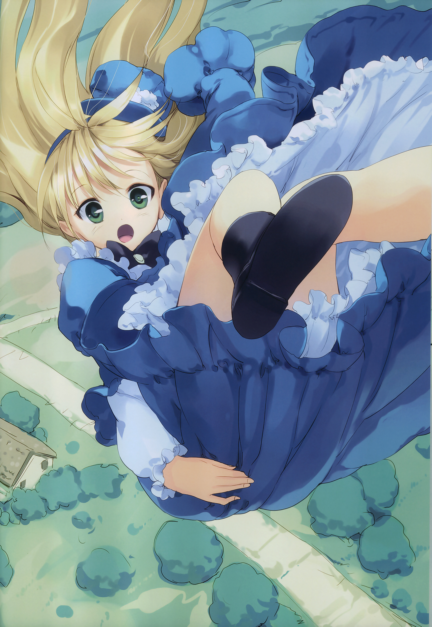 ueda ryou, alice (alice in wonderland), alice's adventures in wonderland, highres, 1girl, :o, apron, blonde hair, dress, falling, female focus, frills, green eyes, hairband, hat, long hair, open mouth, ribbon, skirt, solo