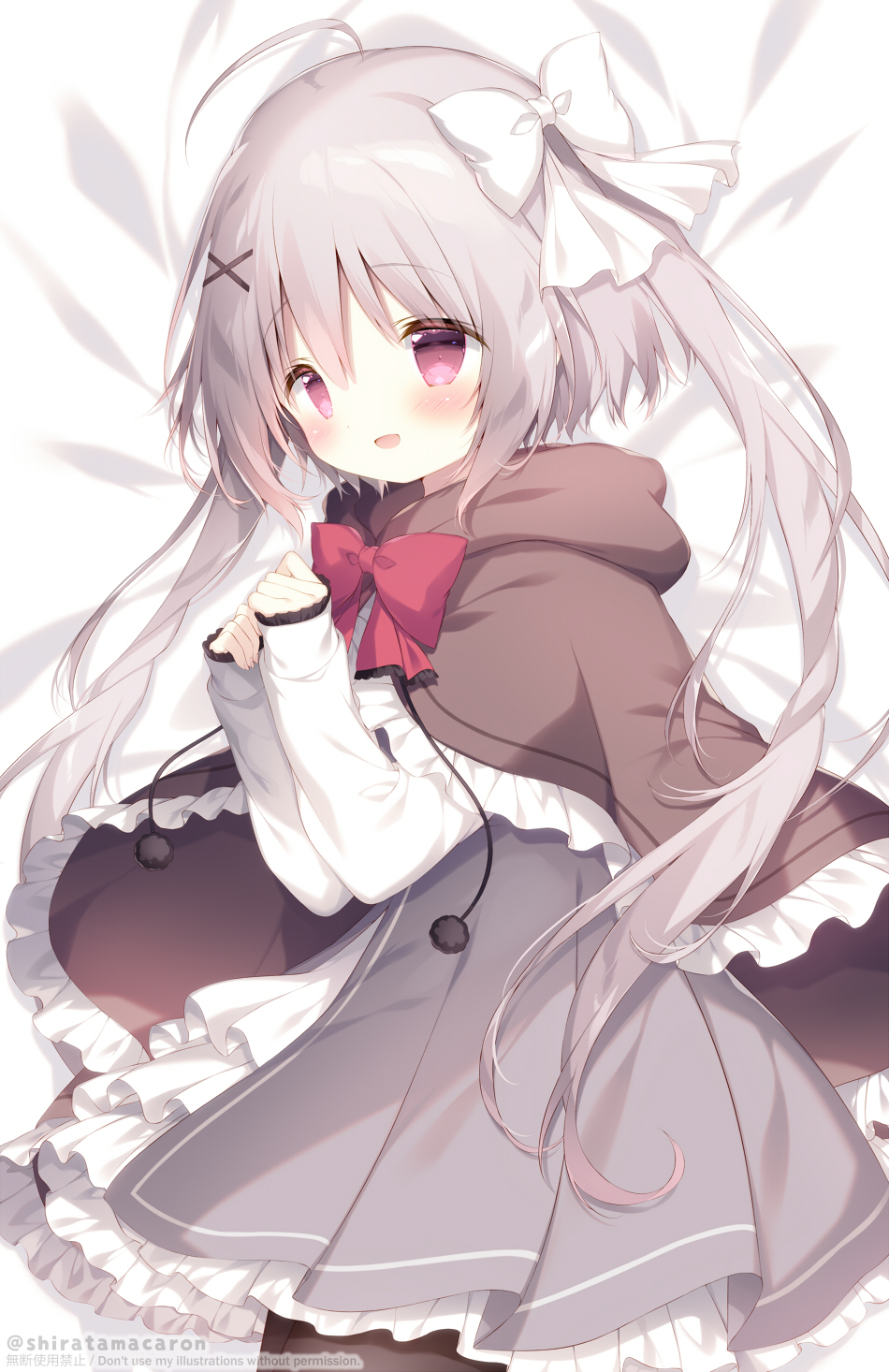 shiratama (shiratamaco), neri (hoshishiro), hoshizora tetsudou to shiro no tabi, commentary, highres, symbol-only commentary, 1girl, :d, ahoge, bed sheet, blush, bow, brown cloak, brown pantyhose, cloak, dakimakura (medium), dress, frilled cloak, grey dress, grey hair, hair between eyes, hair bow, hair ornament, hairclip, hands up, hood, hood down, hooded cloak, long hair, long sleeves, looking at viewer, lying, on side, open mouth, pantyhose, pleated dress, red bow, red eyes, shirt, sleeves past wrists, smile, solo, twitter username, very long hair, watermark, white bow, white shirt, x hair ornament