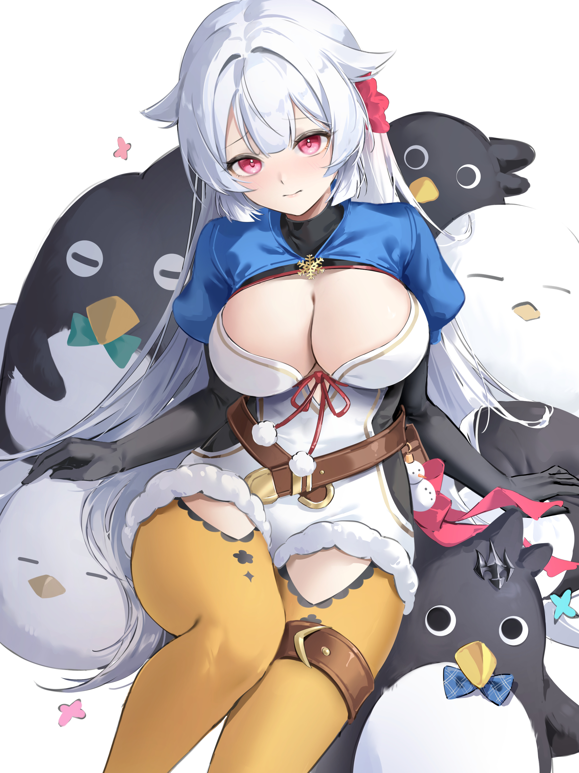 yinghuahua, sherlock (stella sora), stella sora, absurdres, commentary, highres, 1girl, black gloves, blue shrug, breasts, cleavage, closed mouth, flower, fur-trimmed leotard, fur trim, gloves, hair flaps, hair flower, hair ornament, head tilt, large breasts, leotard, long hair, looking at viewer, pom pom (clothes), red eyes, red ribbon, ribbon, shrug (clothing), sitting, snowflake brooch, solo, stuffed animal, stuffed penguin, stuffed toy, thigh strap, very long hair, white hair, white leotard, yellow leggings