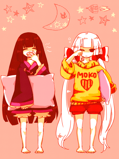 rarara-men, fujiwara no mokou, houraisan kaguya, touhou, silver hair, bad id, bad pixiv id, 2girls, barefoot, black hair, bow, female focus, hair bow, long hair, multiple girls, pillow, red eyes, sleepy, yawning