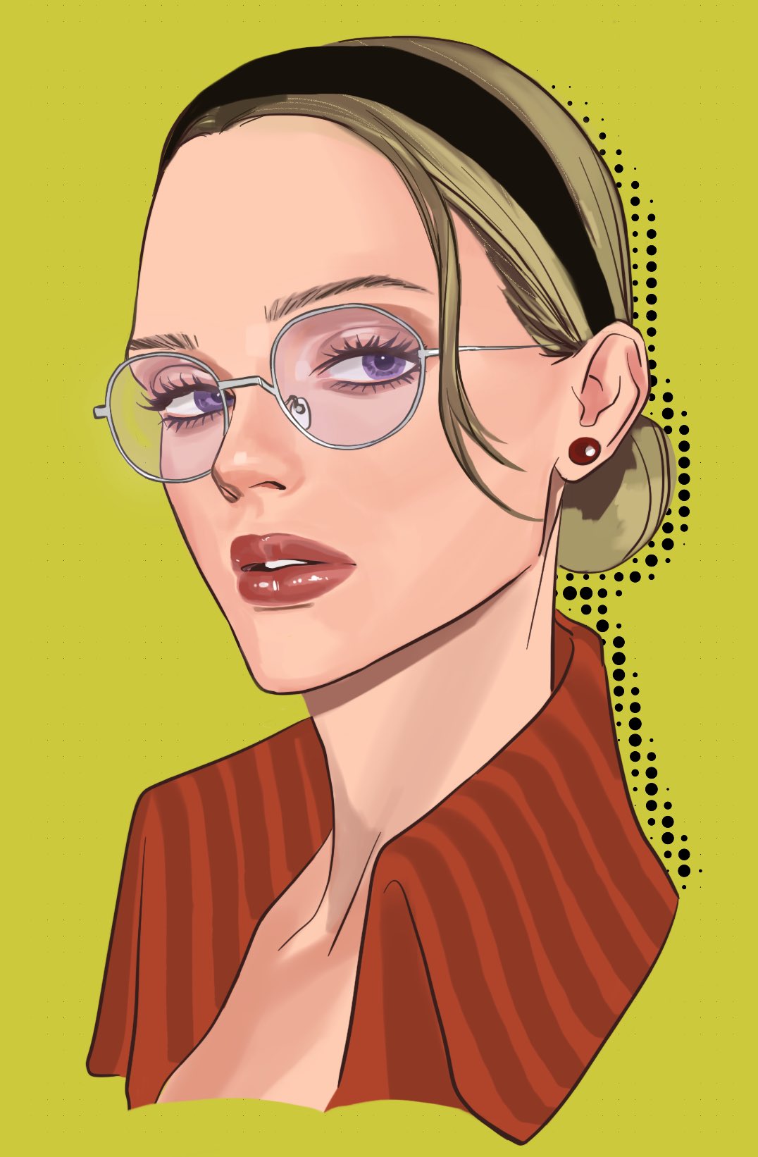 popsweetyio, kalifa (one piece), one piece, commentary, highres, symbol-only commentary, 1girl, black hairband, blonde hair, collar, earrings, eyelashes, hair bun, hairband, jewelry, looking at viewer, parted lips, pearl earrings, portrait, purple eyes, red lips, simple background, solo