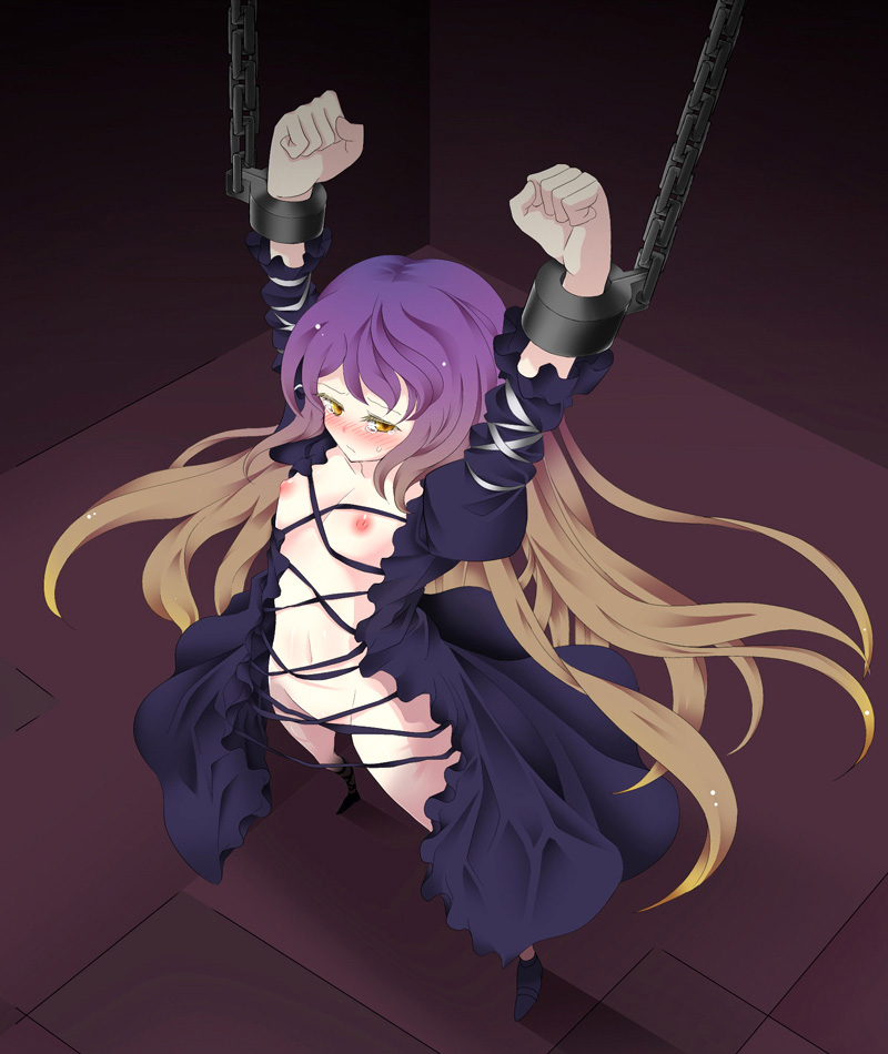 gyo, hijiri byakuren, touhou, 1girl, arms up, bdsm, blush, bondage, bound, bound wrists, cuffs, dress, female focus, flat chest, foreshortening, gradient hair, groin, long hair, multicolored hair, navel, nipples, no bra, no panties, restrained, shackled, shackles, solo, tears, yellow eyes