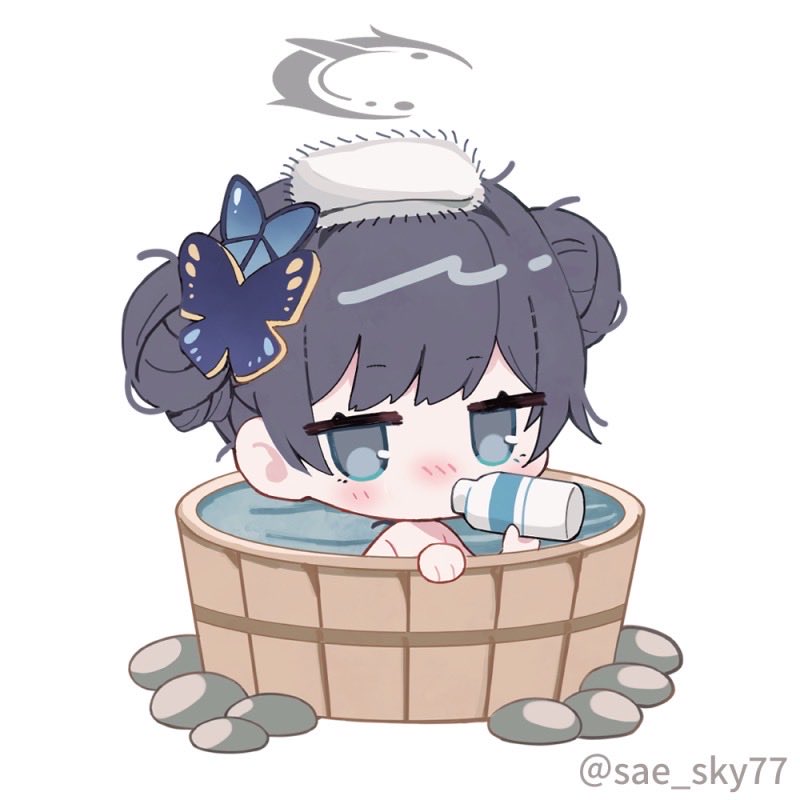 saeki sora, kisaki (blue archive), blue archive, commentary request, 1girl, black hair, blush, bottle, butterfly hair ornament, chibi, double bun, grey eyes, hair bun, hair ornament, halo, holding, holding bottle, jitome, milk bottle, nose blush, nude, partially submerged, simple background, solo, towel, towel on head, twitter username, water, white background