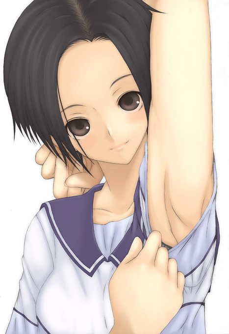 kannagi kaname, kobayakawa rinko, love plus, 1girl, arm up, armpit focus, armpits, black hair, bob cut, brown eyes, female focus, presenting armpit, school uniform, serafuku, short hair, solo