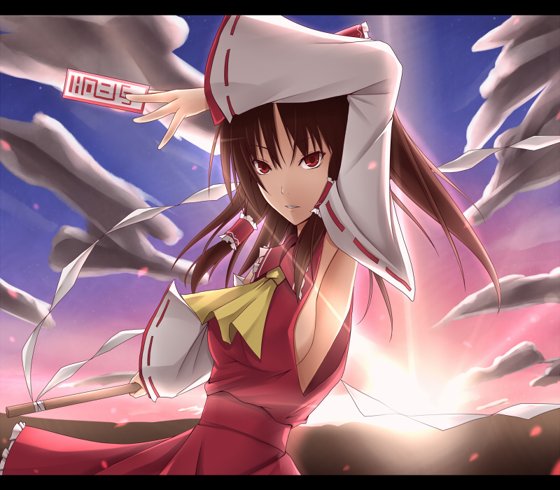 akitsuki karasu, hakurei reimu, touhou, 1girl, armpits, breasts, brown hair, detached sleeves, female focus, gohei, japanese clothes, letterboxed, miko, ofuda, outdoors, red eyes, sideboob, sky, solo