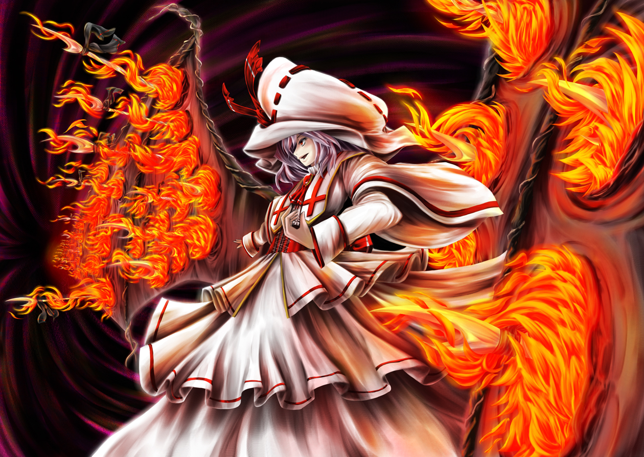 r0g0b0, remilia scarlet, touhou, light purple hair, bad id, bad pixiv id, 1girl, bat wings, female focus, fire, hat, red eyes, short hair, solo, standing, wings