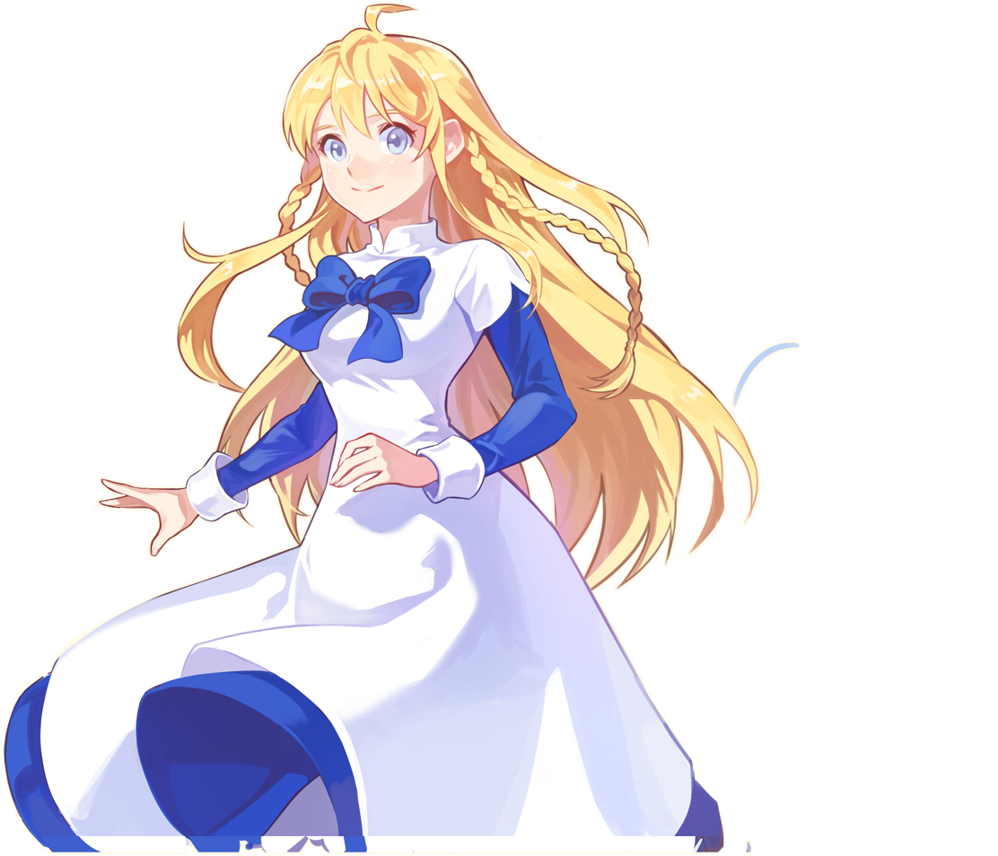 ispin charles, nexon, tales weaver, alpha transparency, artist request, official art, second-party source, 1girl, ahoge, blue bow, blue sleeves, blush, bow, braid, breasts, closed mouth, cowboy shot, dress, dress bow, fingernails, grey eyes, hair between eyes, high collar, layered dress, layered sleeves, long dress, long hair, long sidelocks, long sleeves, looking at viewer, low-braided long hair, low-tied long hair, medium breasts, narrow waist, open hand, short over long sleeves, short sleeves, sidelocks, sleeve cuffs, solo, split mouth, straight hair, twin braids, very long hair, white sleeves