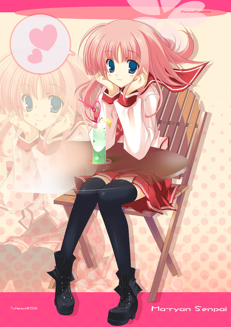 yoshiwo, kouno harumi (to heart), maaryan (to heart), milfa (to heart), to heart (series), to heart 2, to heart 2 ad, 00s, 1girl, ankle boots, blue eyes, blush, boots, female focus, head rest, heart, pink hair, school uniform, short hair, skirt, smile, solo, spoken heart, thighhighs, zettai ryouiki