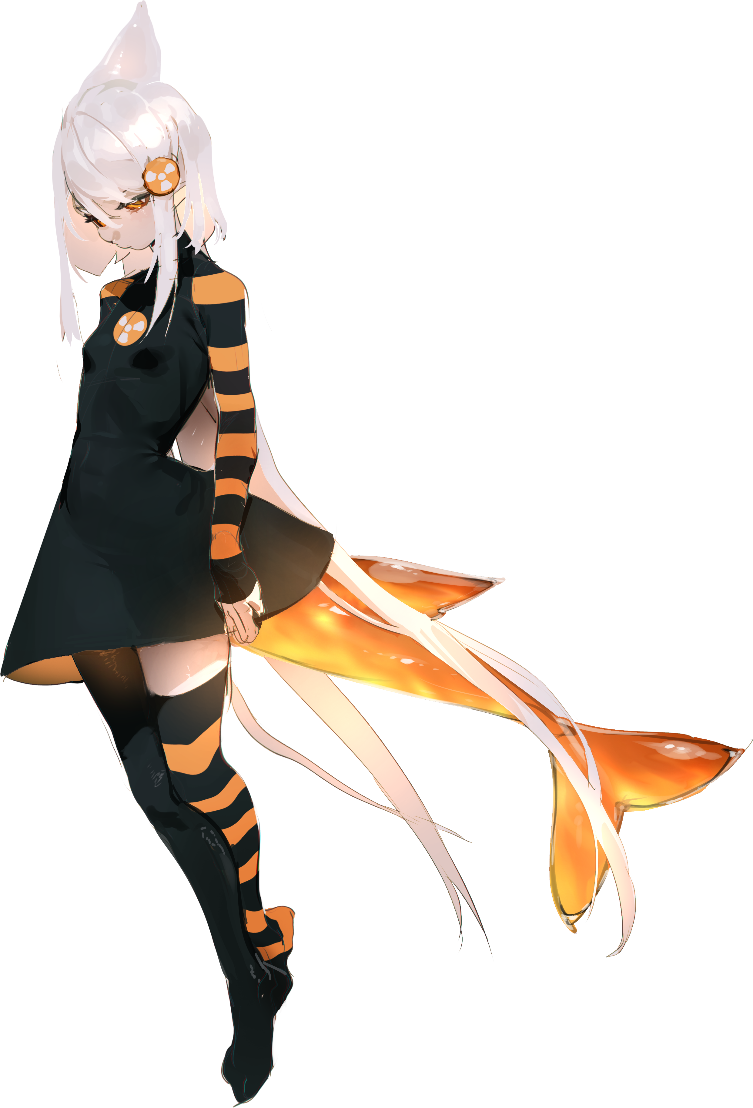 pita-potato, original, absurdres, commentary, english commentary, highres, 1girl, asymmetrical legwear, black dress, black pants, black thighhighs, breasts, dress, fins, fish tail, long hair, long sleeves, looking at viewer, mismatched legwear, orange eyes, orange sleeves, orange thighhighs, pants, shark girl, shark tail, simple background, single thighhigh, small breasts, solo, striped clothes, striped sleeves, striped thighhighs, tail, thighhighs, white hair