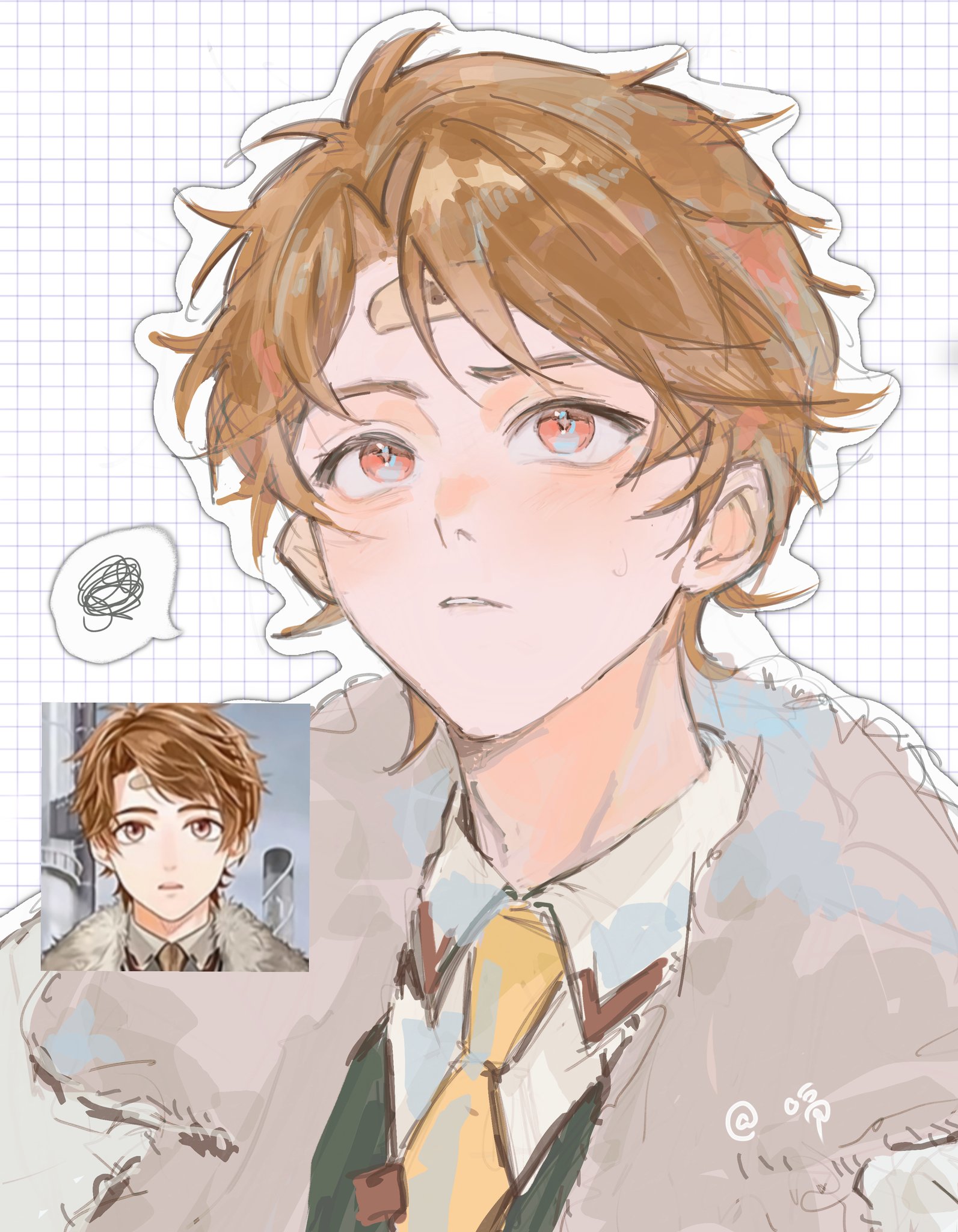 luke pearce (tears of themis), tears of themis, commentary, highres, symbol-only commentary, 1boy, bandaid, bandaid on face, bandaid on forehead, black vest, blush, brown hair, coat, collared shirt, grid background, looking up, male focus, multicolored eyes, necktie, parted hair, parted lips, screenshot inset, sgg15542251, shirt, short hair, solo, speech bubble, spoken squiggle, squiggle, vest, white shirt, wing collar, yellow necktie