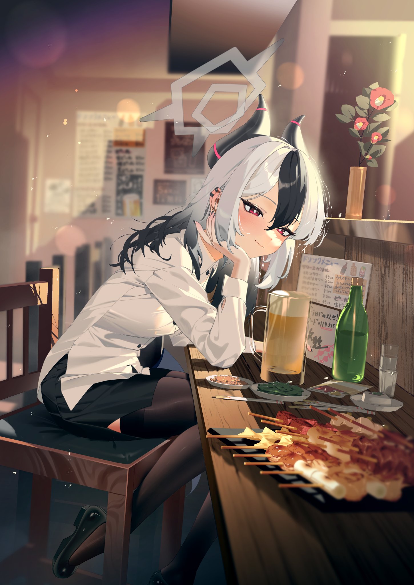 karasu-san (syh3iua83), kayoko (blue archive), blue archive, commentary request, highres, 1girl, alcohol, alternate costume, arm on table, beer, beer mug, black hair, black horns, black nails, black shoes, black skirt, black thighhighs, blush, chair, closed mouth, collared shirt, cup, demon horns, earclip, elbow on table, food, from side, gradient hair, grey halo, hair between eyes, halo, hand on own cheek, hand on own face, head rest, horns, izakaya, light smile, long hair, long sleeves, mug, multicolored hair, on chair, pencil skirt, red eyes, shirt, shoes, sitting, skirt, solo, thighhighs, two-tone hair, white hair, white shirt, yakitori