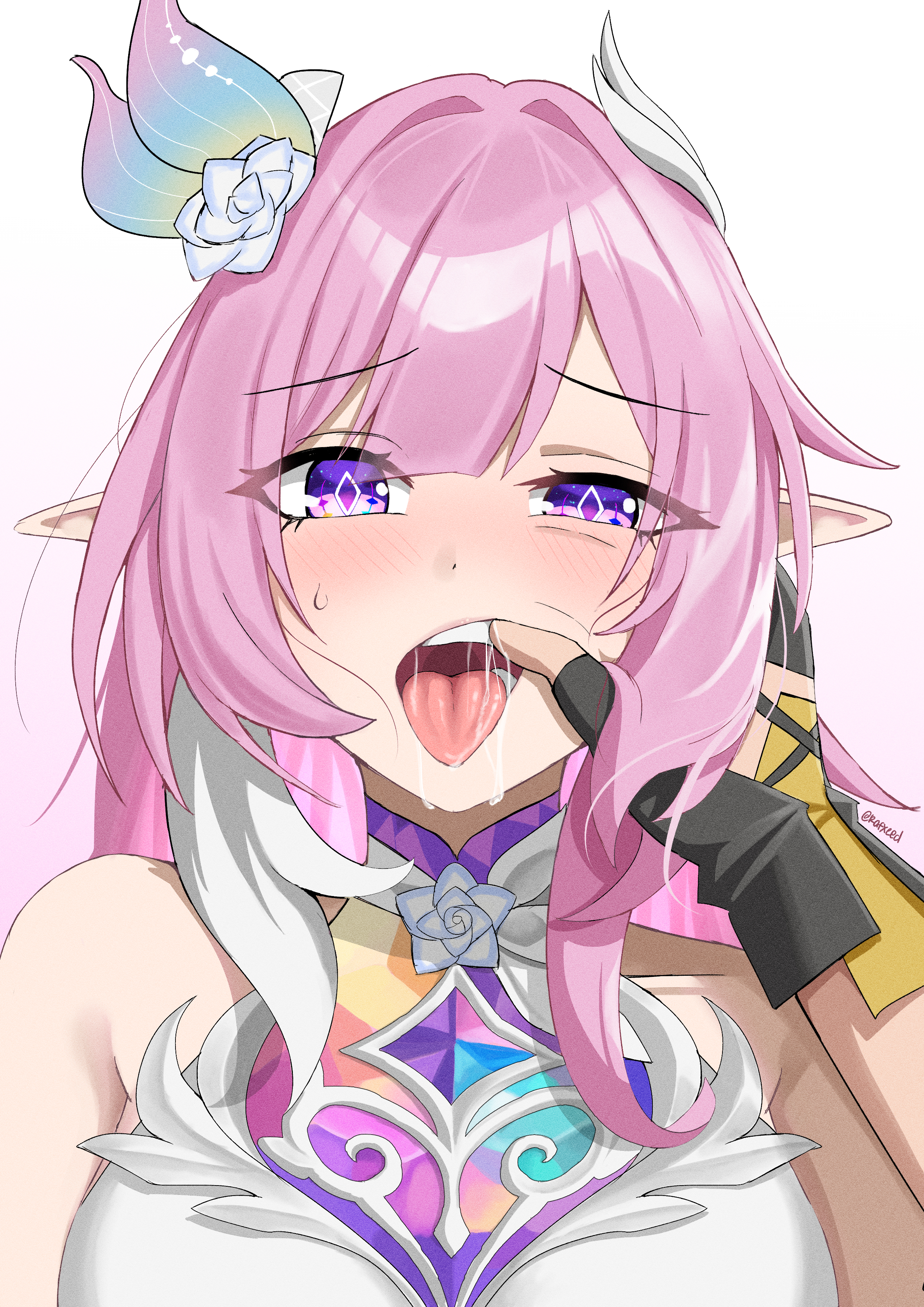 rafxeed, caelus (honkai: star rail), cyrene (honkai: star rail), trailblazer (honkai: star rail), honkai: star rail, honkai (series), absurdres, commentary, highres, 1boy, 1girl, bare shoulders, black gloves, breasts, cyrene (demiurge) (honkai: star rail), diamond-shaped pupils, diamond (shape), dress, drooling, finger in another's mouth, fingerless gloves, flower, gloves, hair flower, hair ornament, hand in another's mouth, large breasts, long hair, looking at viewer, multicolored hair, pink hair, pointy ears, pov, pov hands, purple eyes, saliva, simple background, symbol-shaped pupils, two-tone hair, very long hair, white background, white dress, white hair