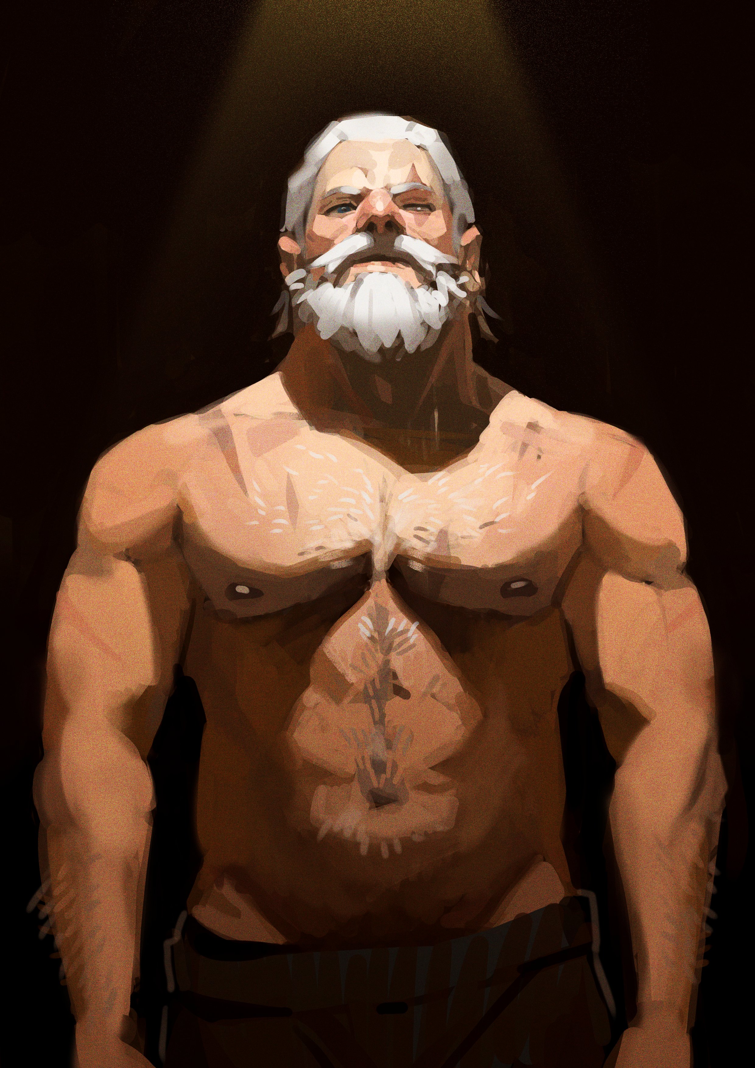 casty art, reinhardt (overwatch), overwatch, absurdres, commentary, english commentary, highres, 1boy, abs, arm hair, bara, beard, black pants, chest hair, collarbone, facial hair, groin, hair slicked back, looking at viewer, male focus, mature male, nipples, pants, pectorals, solo, spotlight, topless male, white hair
