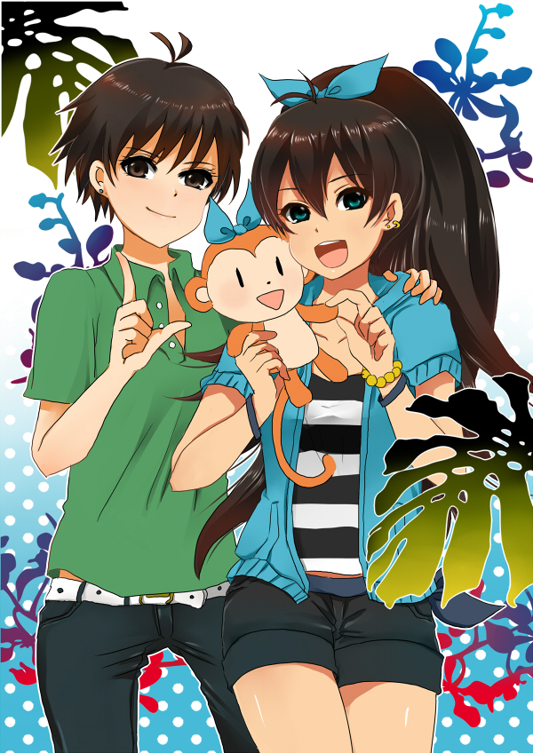 masaki (celesta), ganaha hibiki, kikuchi makoto, idolmaster, idolmaster (classic), bad id, bad pixiv id, 00s, 2girls, androgynous, antenna hair, black hair, casual, earrings, jewelry, long hair, monkey, multiple girls, reverse trap, shirt, short hair, shorts, striped clothes, striped shirt, stuffed animal, stuffed toy, tomboy