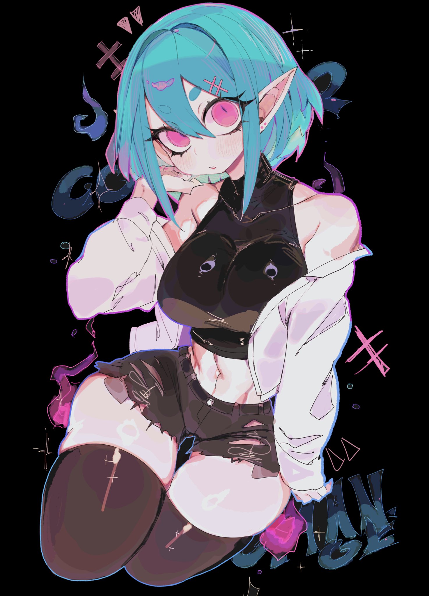 usa37107692, original, commentary, commission, english commentary, highres, 1girl, black background, black shirt, black shorts, black thighhighs, blue hair, breasts, cropped legs, cropped shirt, double-parted bangs, hair between eyes, hair ornament, hand up, jacket, jacket partially removed, large breasts, long sleeves, looking at viewer, midriff, parted lips, pink eyes, pointy ears, shirt, short hair, short shorts, shorts, sleeveless, sleeveless shirt, solo, thick thighs, thigh gap, thighhighs, thighs, white jacket