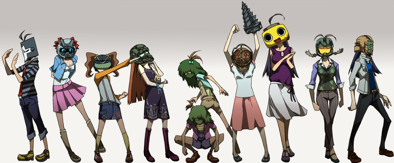 hujiya, akizuki ritsuko, amami haruka, big daddy (bioshock), futami ami, futami mami, hagiwara yukiho, kikuchi makoto, kisaragi chihaya, master chief, minase iori, miura azusa, servbot (mega man), takatsuki yayoi, vault boy, bioshock, bioshock (series), bioshock 1, call of duty, capcom, castle crashers, dead rising, dead rising 1, dead space (series), earth defense force, earth defense force 2017, fallout, fallout 3, gears of war, halo (game), halo (series), idolmaster, idolmaster (classic), idolmaster sp, mega man (series), mega man legends (series), annotated, 6+girls, blood, casual, doll, drill, everyone, helmet, mask, multiple girls, parody, pip boy, siblings, sisters, twins