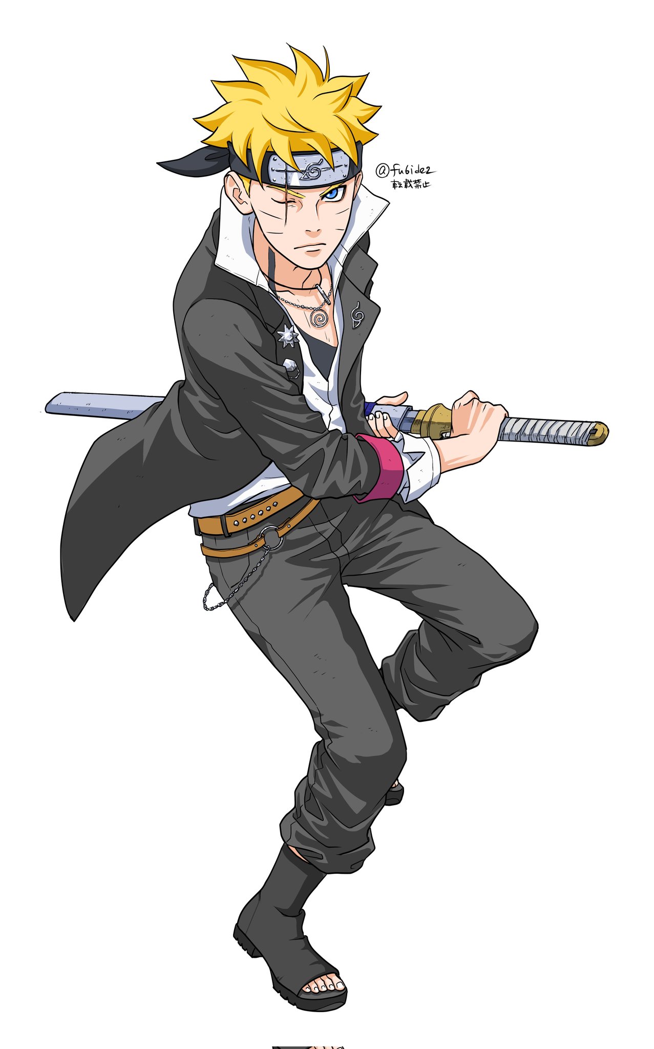matsu (fu6ide2), uzumaki boruto, boruto: two blue vortex, naruto (series), commentary, corrupted twitter file, highres, symbol-only commentary, 1boy, belt, black boots, black headband, black jacket, blonde hair, blue eyes, boots, brown belt, forehead protector, frown, headband, holding, holding sheath, holding sword, holding weapon, jacket, jewelry, konohagakure symbol, male focus, necklace, one eye closed, open-toe boots, scar, scar across eye, scar on face, serious, sheath, solo, sword, weapon