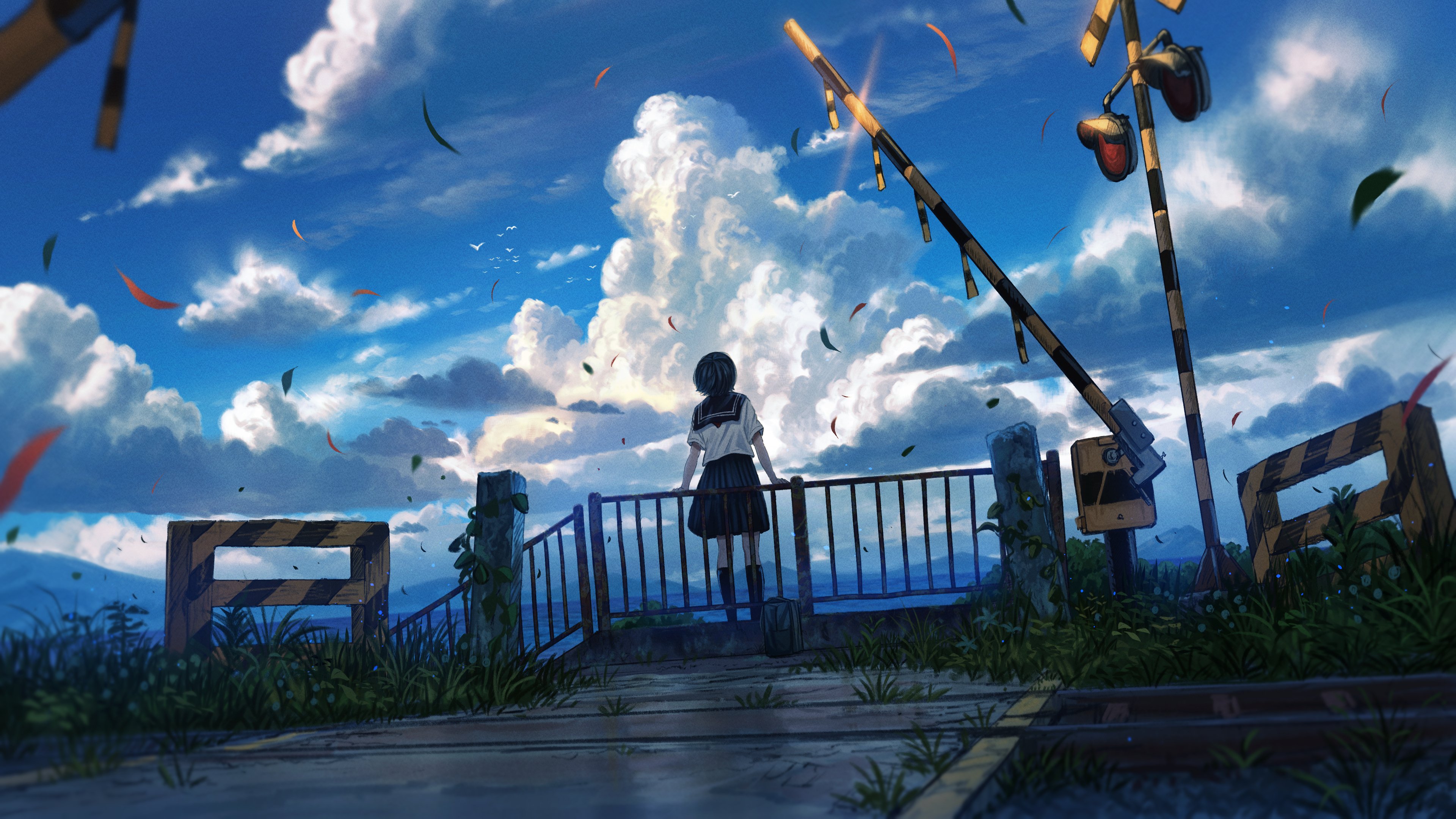 shuu illust, original, absurdres, commentary request, highres, 1girl, bag, bird, black hair, black sailor collar, black skirt, blue sky, day, falling leaves, flock, grass, leaf, outdoors, pleated skirt, railing, railroad crossing, railroad tracks, sailor collar, sailor shirt, scenery, school bag, school uniform, shirt, short hair, short sleeves, skirt, sky, solo, standing, very wide shot, white shirt