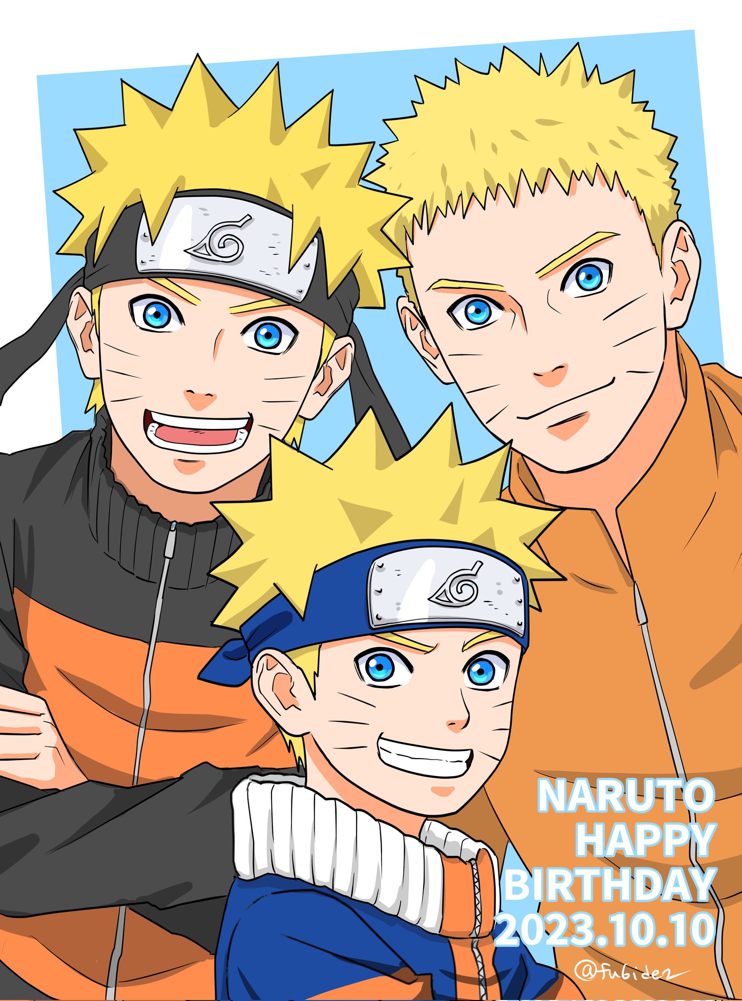 matsu (fu6ide2), uzumaki naruto, boruto: naruto next generations, naruto (classic), naruto (series), naruto shippuuden, commentary request, corrupted twitter file, highres, 3boys, black headband, blonde hair, blue eyes, blue headband, crossed arms, dated, facial mark, grin, happy, headband, jacket, konohagakure symbol, male focus, multiple boys, multiple persona, open mouth, orange jacket, smile, twitter username, whisker markings