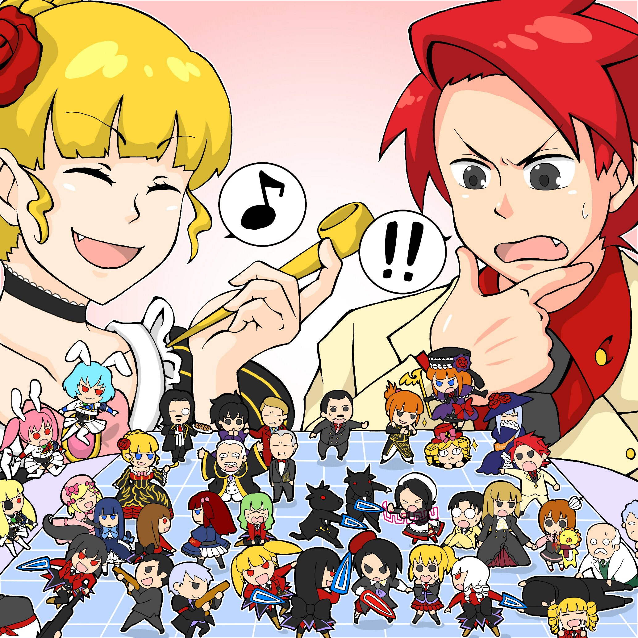 fumu (guriguri), amakusa juuza, asmodeus (umineko), beatrice (umineko), beelzebub (umineko), belphegor (umineko), chiester00, chiester410, chiester45, chiester556, chiester sisters, frederica bernkastel, gaap (umineko), goatman (umineko), gouda toshirou, kanon (umineko), lambdadelta, leviathan (umineko), lucifer (umineko), mammon (umineko), nanjou terumasa, ronove (umineko), sakutarou (umineko), satan (umineko), shannon (umineko), stakes of purgatory, ushiromiya ange, ushiromiya battler, ushiromiya george, ushiromiya hideyoshi, ushiromiya jessica, ushiromiya kinzou, ushiromiya krauss, ushiromiya kyrie, ushiromiya maria, ushiromiya natsuhi, ushiromiya rosa, ushiromiya rudolf, virgilia (umineko), 07th expansion, no naku koro ni (series), umineko no naku koro ni, highres, md5 mismatch, > <, 00s, 6+boys, 6+girls, :3, animal ears, armband, black eyes, black hair, blonde hair, blue eyes, blue hair, brown hair, chibi, choker, closed eyes, dress, everyone, eyepatch, fang, formal clothes, frills, green hair, gun, hair bobbles, hair ornament, jacket, kiseru, monocle, multiple boys, multiple girls, necktie, orange hair, pink hair, red eyes, red hair, skirt, smoking pipe, socks, suit, tail, tears, weapon, white hair