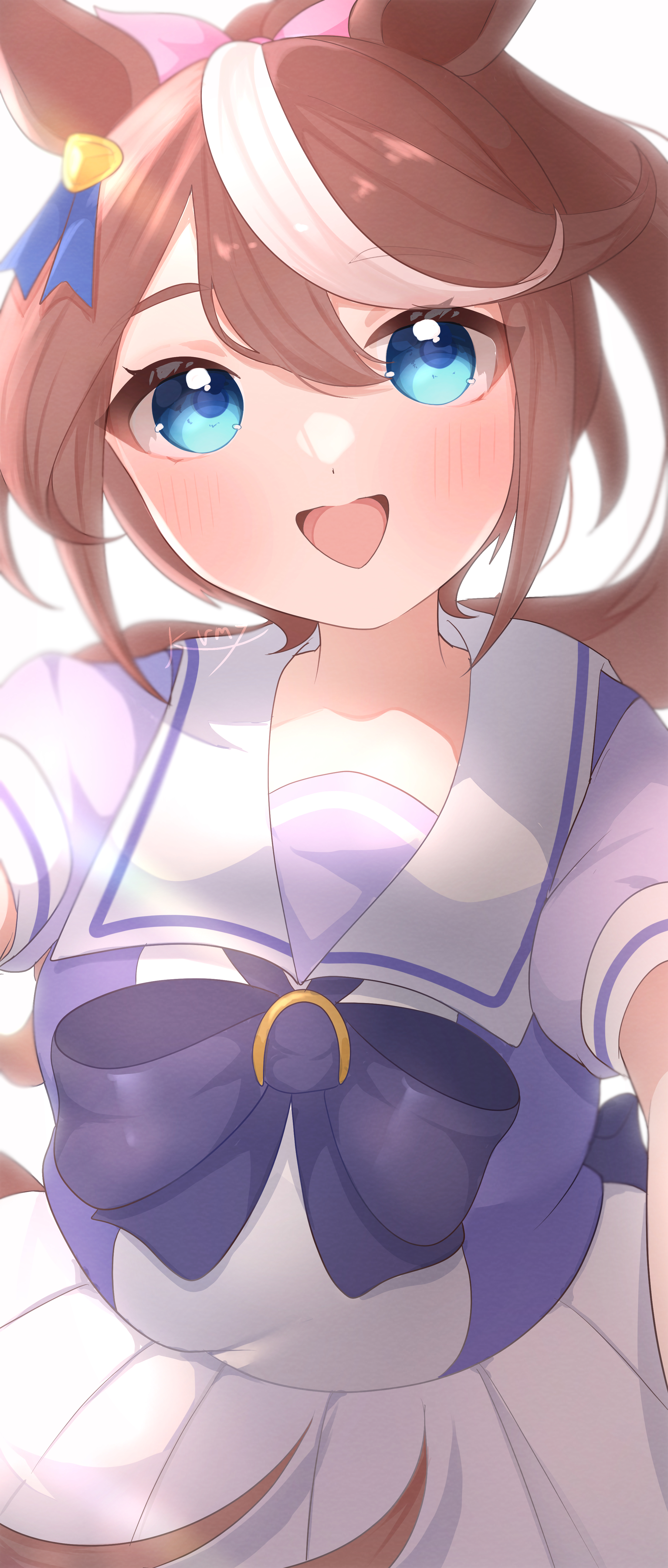 kurumiya (krmy p), tokai teio (umamusume), umamusume, absurdres, commentary request, highres, 1girl, animal ears, blue eyes, blush, bow, bowtie, breasts, brown hair, ear bow, ear ribbon, hair between eyes, high ponytail, horse ears, horse girl, horse tail, long hair, looking at viewer, multicolored hair, open mouth, ponytail, puffy short sleeves, puffy sleeves, purple bow, purple bowtie, purple shirt, sailor collar, sailor shirt, school uniform, shirt, short sleeves, skirt, smile, solo, streaked hair, tail, tracen school uniform, two-tone hair, white hair, white sailor collar, white skirt