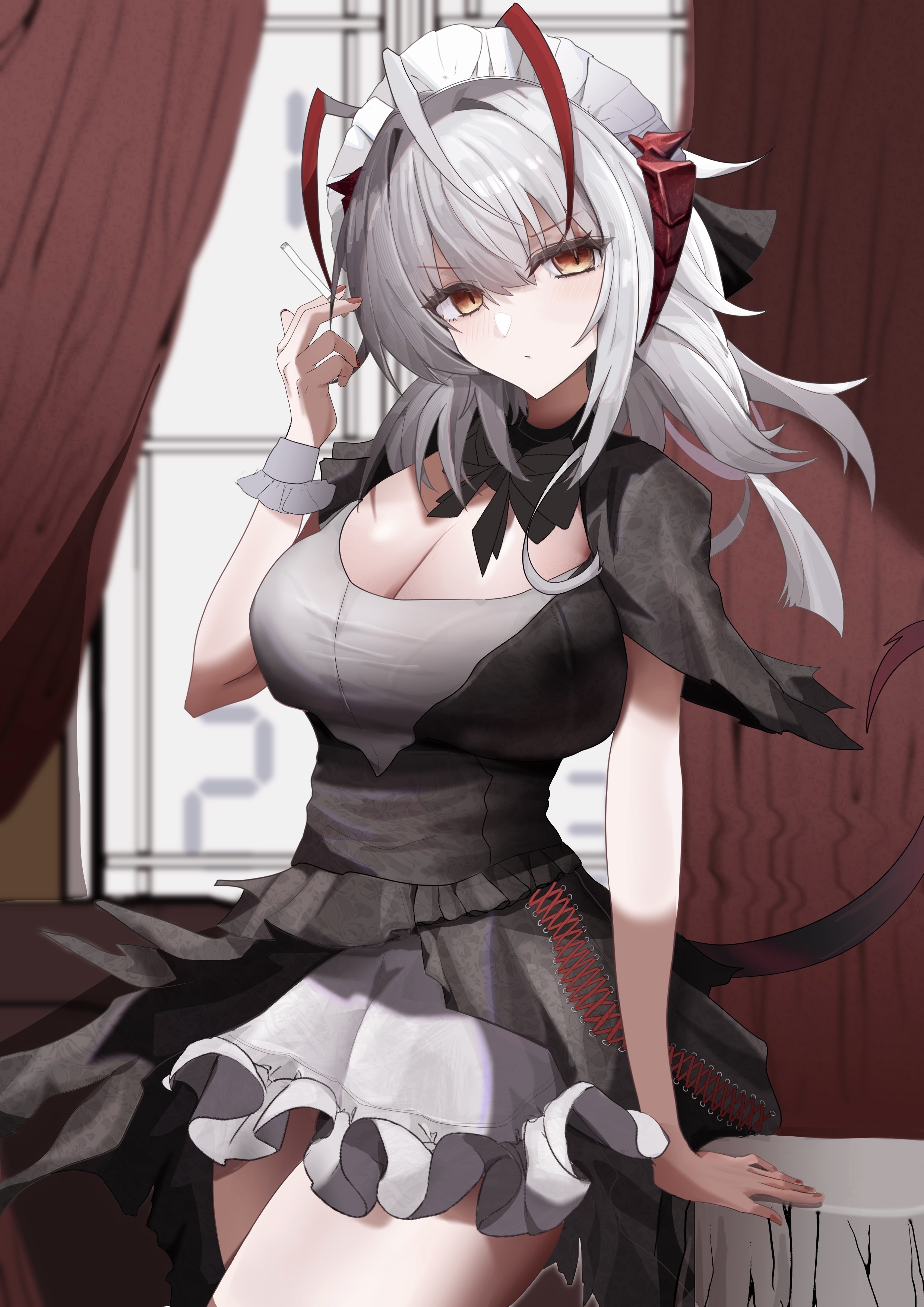 lastmatch500, w (arknights), arknights, absurdres, commentary request, highres, 1girl, alternate costume, antenna hair, black dress, breasts, cigarette, cleavage, curtains, demon girl, demon horns, demon tail, dress, grey hair, holding, holding cigarette, horns, indoors, large breasts, looking at viewer, maid, maid headdress, medium hair, orange hair, red horns, solo, tail, thighs