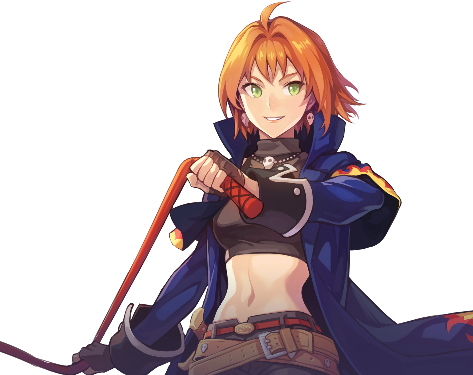 mila nebraska, nexon, tales weaver, alpha transparency, artist request, highres, official art, second-party source, 1girl, ahoge, belt, belt buckle, belted shorts, black gloves, black shorts, blue capelet, blue coat, blue sleeves, breasts, brown belt, buckle, capelet, coat, collared capelet, combat knife, cowboy shot, crop top, cropped shirt, crossed belts, eyelashes, fingerless gloves, flame print, gloves, green eyes, grin, hair intakes, high collar, holding, holding whip, jewelry, knife, lapels, large breasts, lips, long sleeves, looking to the side, midriff, narrow waist, navel, necklace, orange hair, parted lips, print capelet, red belt, sheath, sheathed, shirt, short hair, shorts, simple background, skinny, skull necklace, skull ornament, sleeve cuffs, sleeveless, sleeveless shirt, smile, solo, straight hair, transparent background, turtleneck, turtleneck shirt, weapon