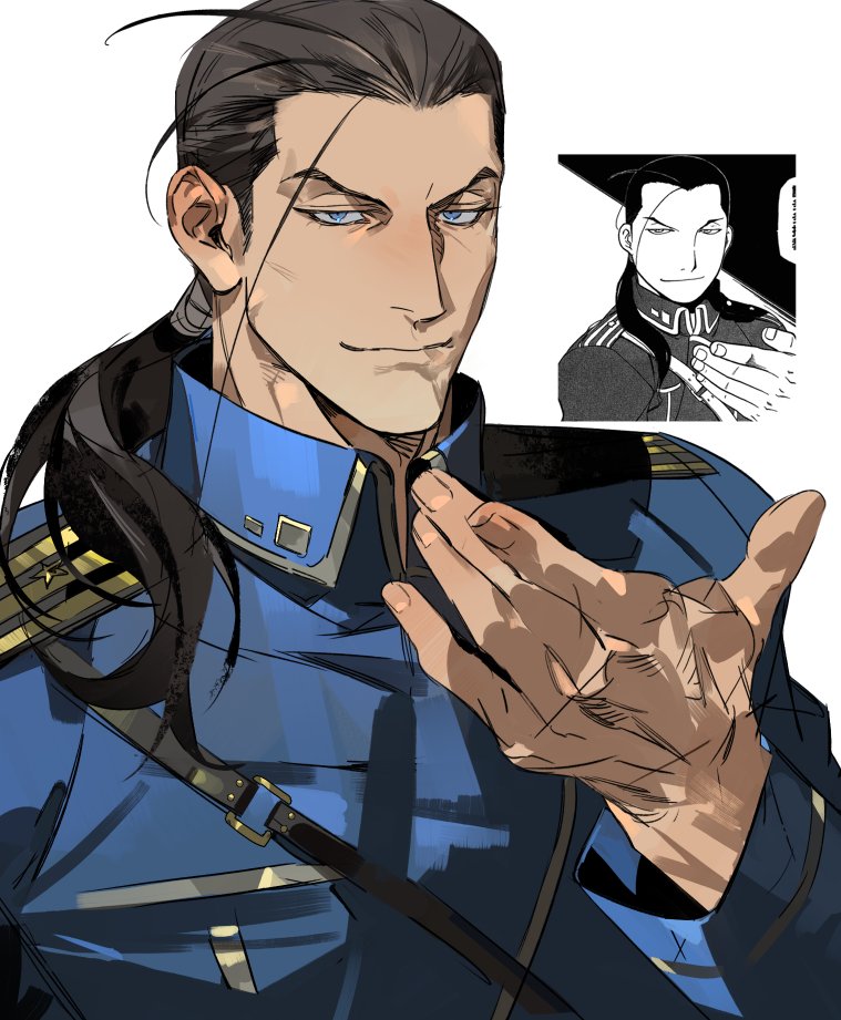 genichiro cute, solf j. kimblee, fullmetal alchemist, commentary request, derivative work, 1boy, arm up, blue eyes, blue jacket, brown hair, closed mouth, collared jacket, comic panel redraw, gold trim, jacket, long hair, long sleeves, looking at viewer, male focus, military uniform, ponytail, reference inset, simple background, smile, solo, upper body, white background, wing collar