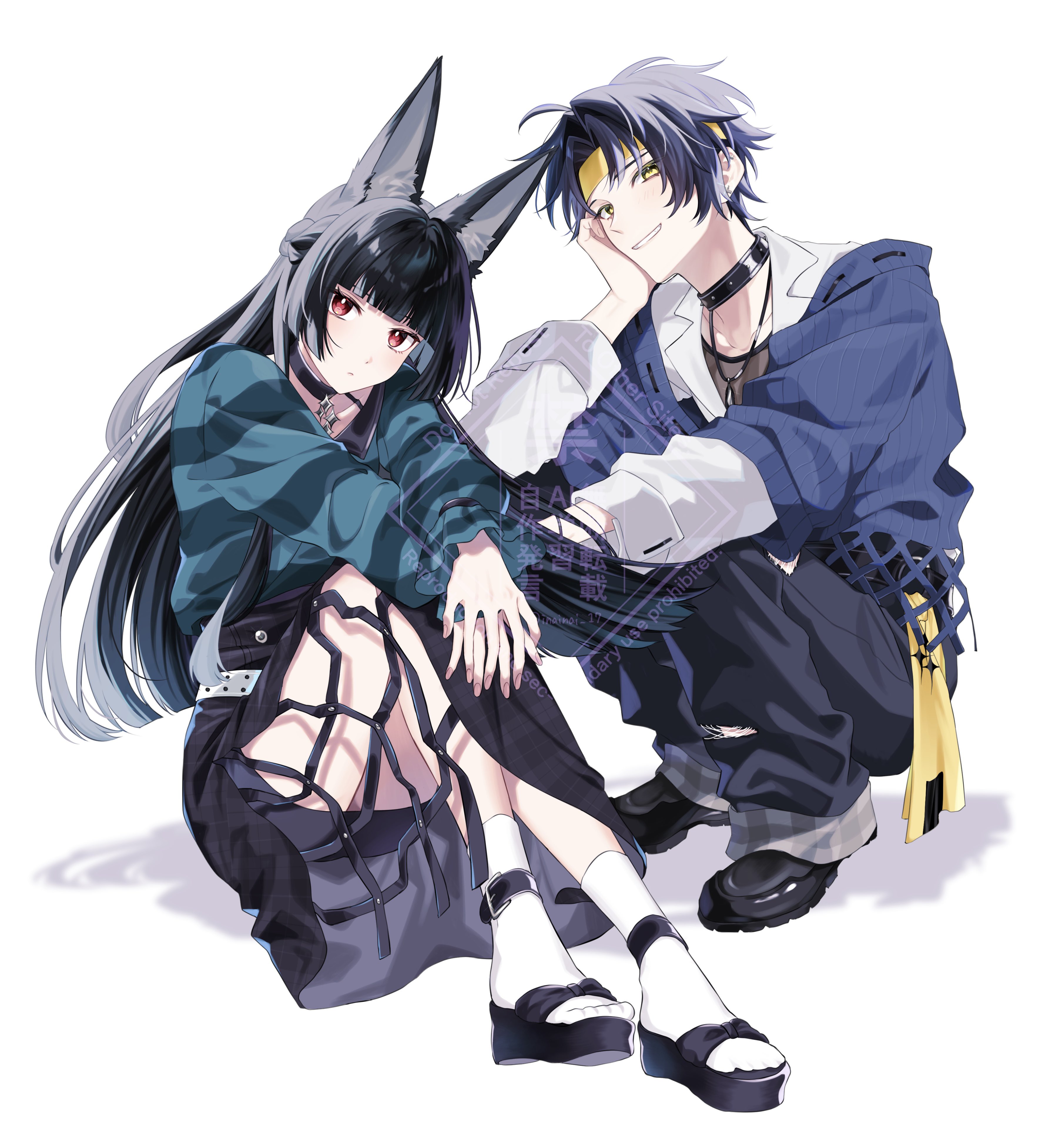 asaba harumasa, hoshimi miyabi, zenless zone zero, absurdres, commentary request, highres, 1boy, 1girl, ahoge, alternate costume, animal ear fluff, animal ears, black hair, blunt bangs, choker, fox ears, fox girl, hand on own face, headband, high heel sandals, inainai 17, long hair, own hands together, pants, red eyes, sandals, shirt, shoes, short hair, sidelocks, sitting, skirt, smile, squatting, sweater, very long hair, white background, yellow eyes