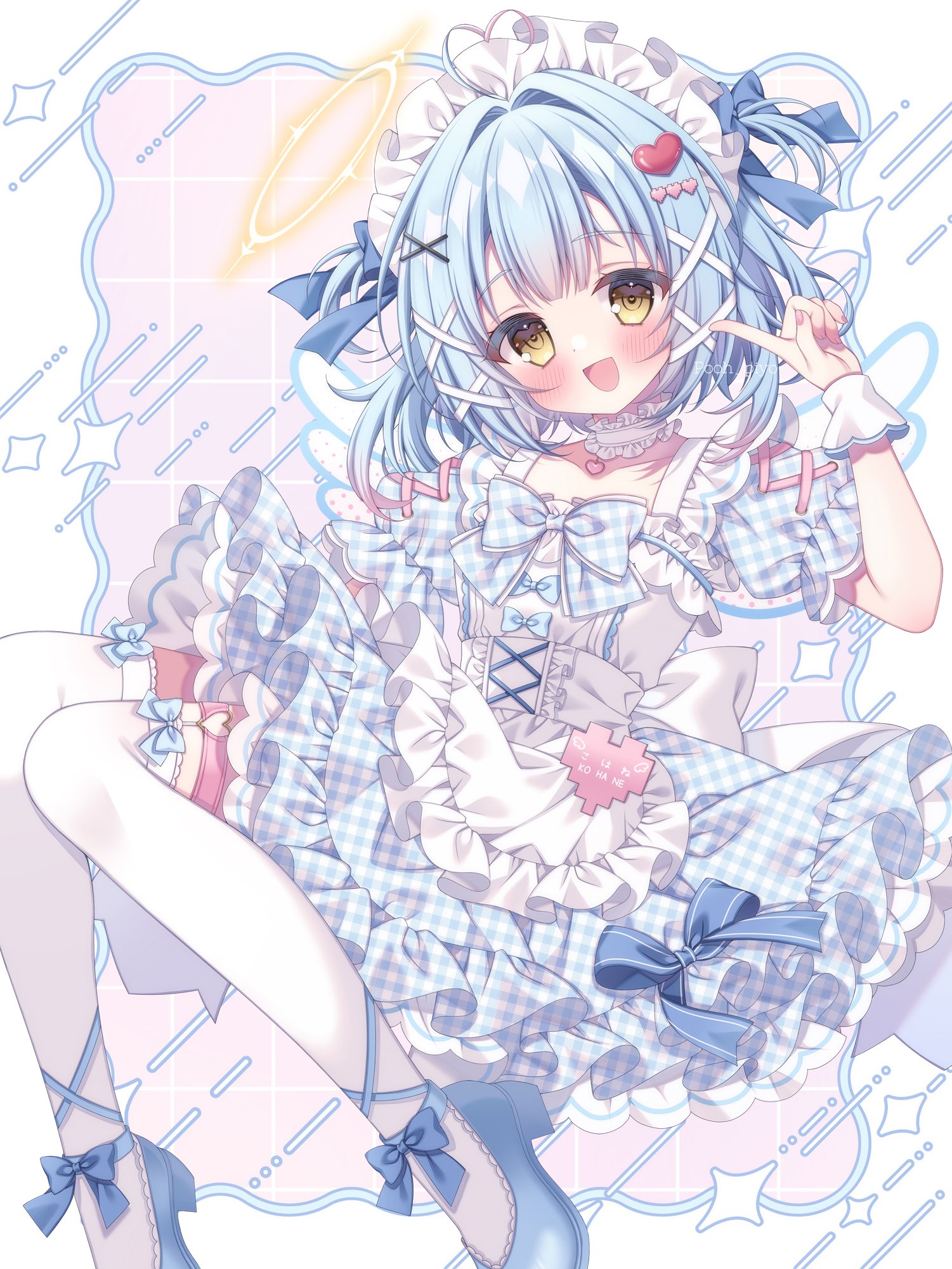 puu (kari—ume), original, commission, highres, skeb commission, 1girl, :d, ahoge, apron, blue bow, blue dress, blue hair, blunt bangs, blush, bow, choker, dress, flower, frilled dress, frills, full body, hair between eyes, hair bow, hair ornament, hand up, head tilt, heart, high heels, looking at viewer, maid headdress, medium hair, open mouth, puffy short sleeves, puffy sleeves, ribbon, shoes, short sleeves, simple background, smile, solo, striped clothes, striped thighhighs, thighhighs, white thighhighs, wings, wrist cuffs, x hair ornament, yellow eyes