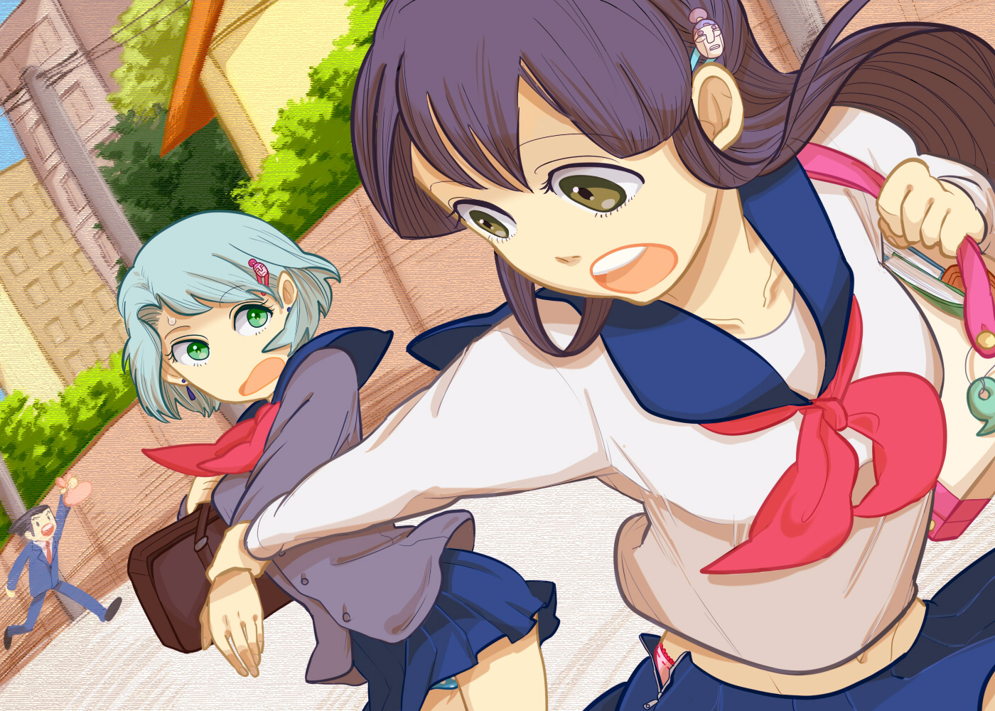 yoshio (440), yoshio (artist), franziska von karma, maya fey, phoenix wright, ace attorney, capcom, bad id, bad pixiv id, 1boy, 2girls, bag, black hair, blue hair, brown eyes, green eyes, hair ornament, hairclip, magatama, multiple girls, open clothes, open skirt, panties, running, school uniform, serafuku, skirt, time paradox, underwear, unzipped