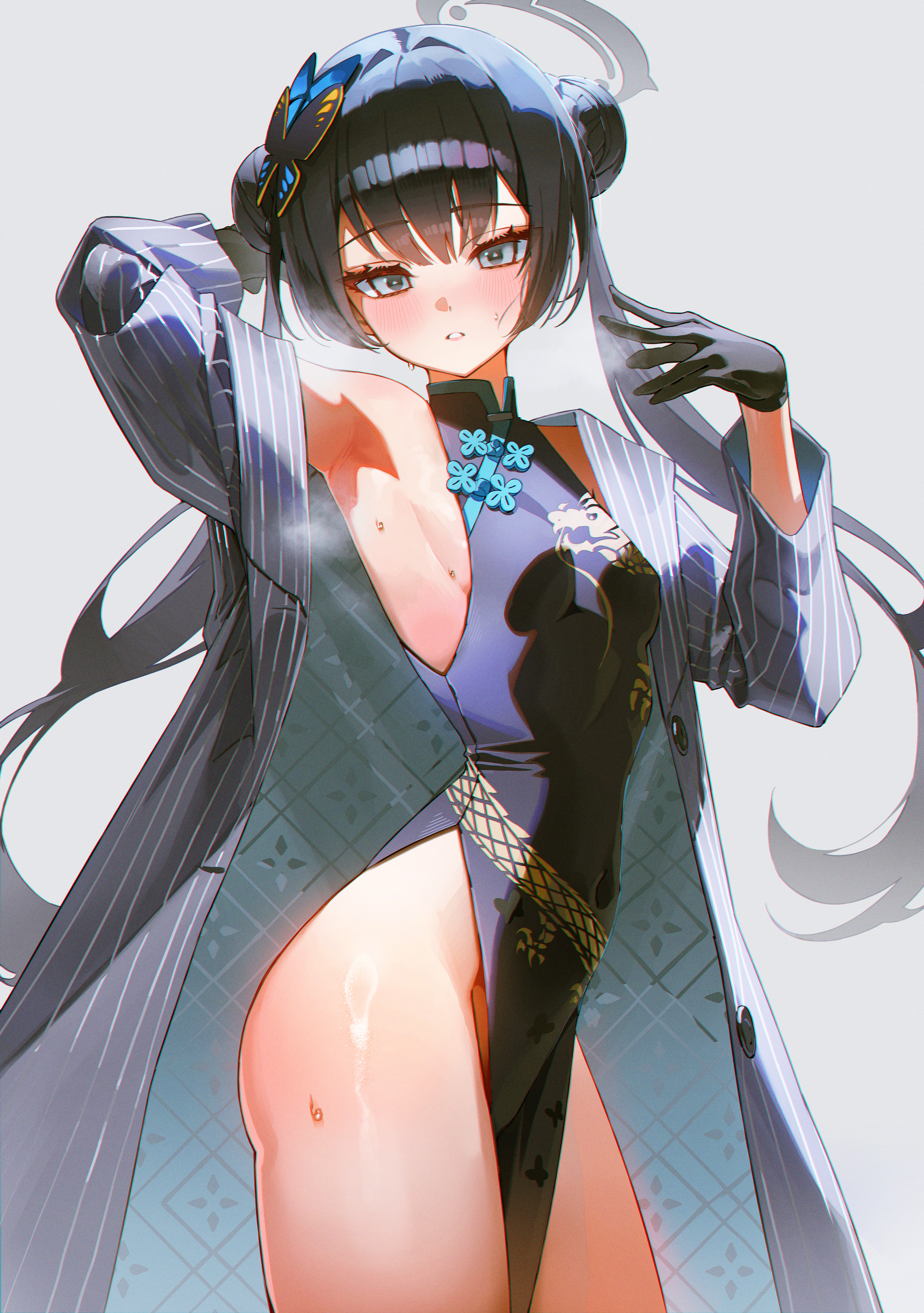 domi (hongsung0819), kisaki (blue archive), blue archive, absurdres, commentary, highres, 1girl, black dress, black hair, breasts, butterfly hair ornament, china dress, chinese clothes, double bun, dragon print, dress, grey background, grey eyes, grey halo, grey jacket, hair bun, hair ornament, halo, jacket, long hair, looking at viewer, pelvic curtain, simple background, sleeveless, sleeveless dress, small breasts, striped clothes, striped jacket, sweat, thighs, twintails, vertical-striped clothes, vertical-striped jacket