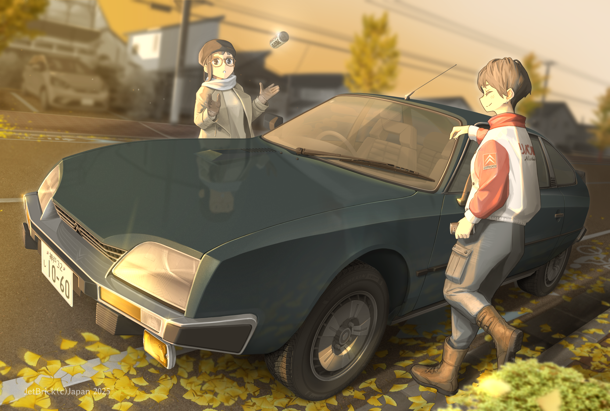 jettoburikku, citroen, original, commentary request, commission, highres, pixiv commission, 2girls, ankle boots, blue pants, blurry, blurry background, boots, brown boots, car, citroen cx, jacket, leaf, motor vehicle, multiple girls, outdoors, pants, power lines, raglan sleeves, road, scarf, sunset, utility pole, vehicle focus, white jacket, white scarf