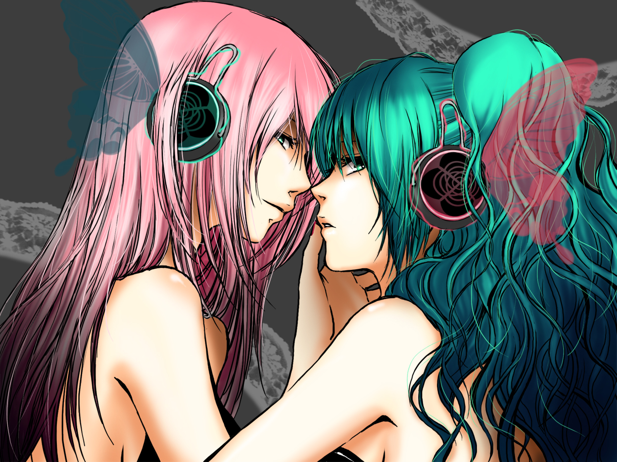 makoto (maternalism), hatsune miku, megurine luka, magnet (vocaloid), vocaloid, 2girls, aqua eyes, aqua hair, blue eyes, butterfly wings, face-to-face, headphones, insect wings, long hair, multiple girls, pink hair, wings, yuri