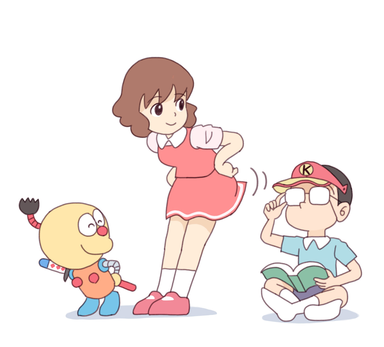 kiyo (kyokyo1220), kite eiichi, korosuke, nonohana miyoko, kiteretsu daihyakka, 1girl, 2boys, adjusting eyewear, black eyes, black hair, black shorts, blue shirt, book, brown hair, closed eyes, dress, hands on own hips, hat, holding, holding book, katana, leaning forward, looking back, mary janes, multiple boys, panties, red dress, red shoes, robot, school uniform, sheath, shirt, shoes, short hair, short sleeves, shorts, sleeveless, sleeveless dress, smile, socks, standing, sword, topknot, underwear, visor cap, weapon, white background, white panties, white shirt, white socks, yellow hat