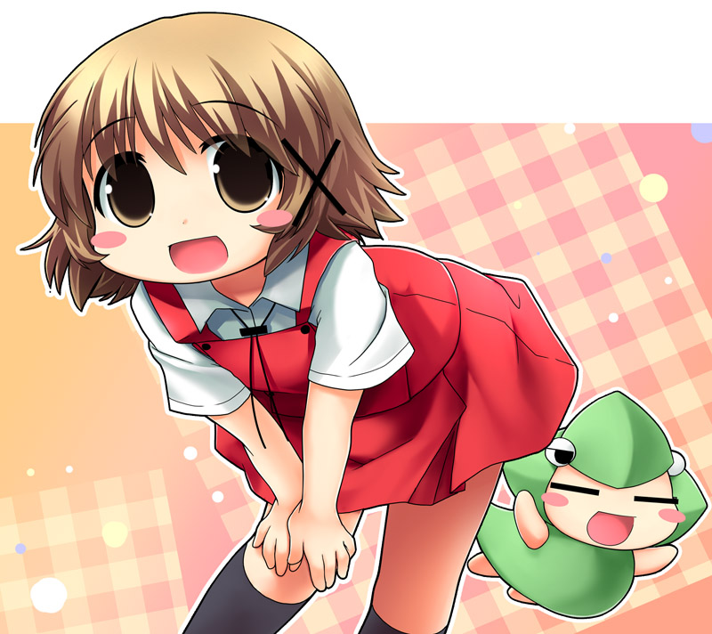 nagayama yuunon, ume-sensei, yuno (hidamari sketch), hidamari sketch, bad id, bad pixiv id, 00s, blush stickers, brown eyes, brown hair, kneehighs, school uniform, short hair, socks, yamabuki high school uniform