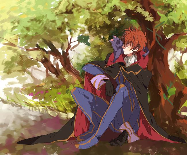 camelot, arthur (code geass), kururugi suzaku, code geass, bad id, bad pixiv id, 00s, 1boy, animal, animal on shoulder, cat, cosplay, male focus, outdoors, sitting, solo, tree, under tree, zero (cosplay)
