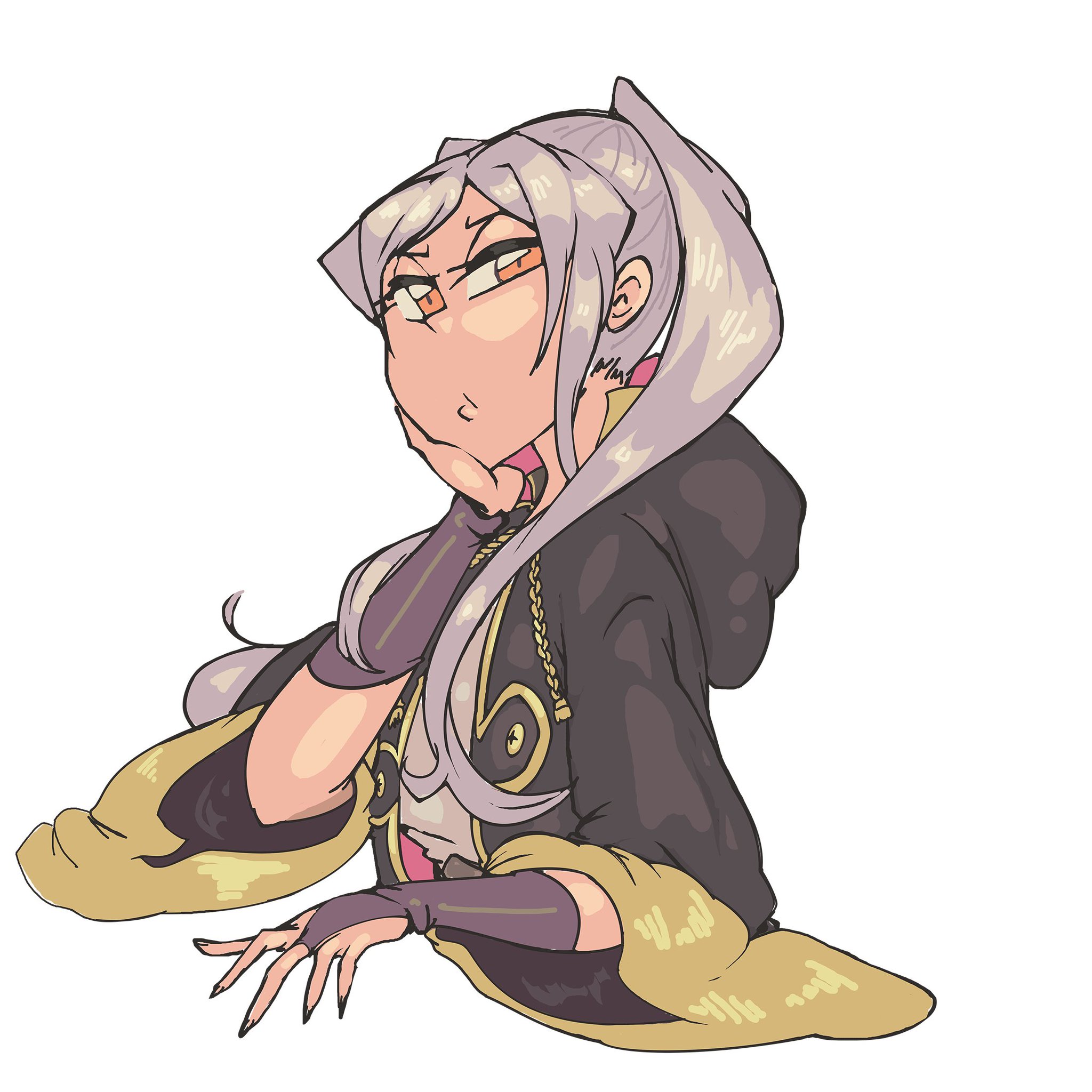 davewaterfalls, female robin (fire emblem), fire emblem, fire emblem awakening, nintendo, 1girl, bridal gauntlets, head on hand, looking at viewer, robe, simple background, solo, white hair, yellow eyes