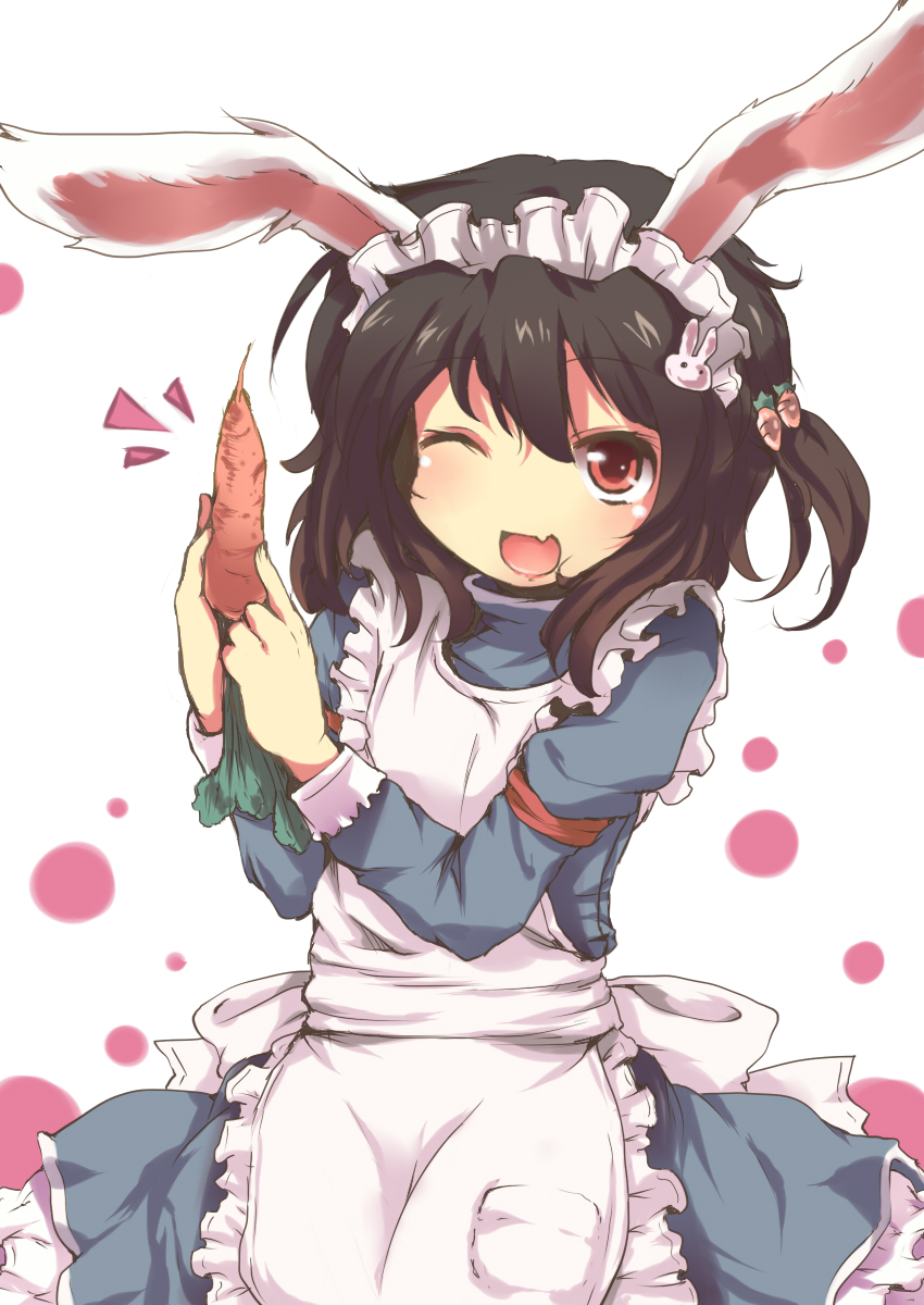 nejime, inaba tewi, touhou, bad id, bad pixiv id, highres, 1girl, alternate costume, animal ears, apron, black hair, carrot, enmaided, female focus, maid, maid apron, one eye closed, open mouth, rabbit ears, red eyes, short hair, solo, wink