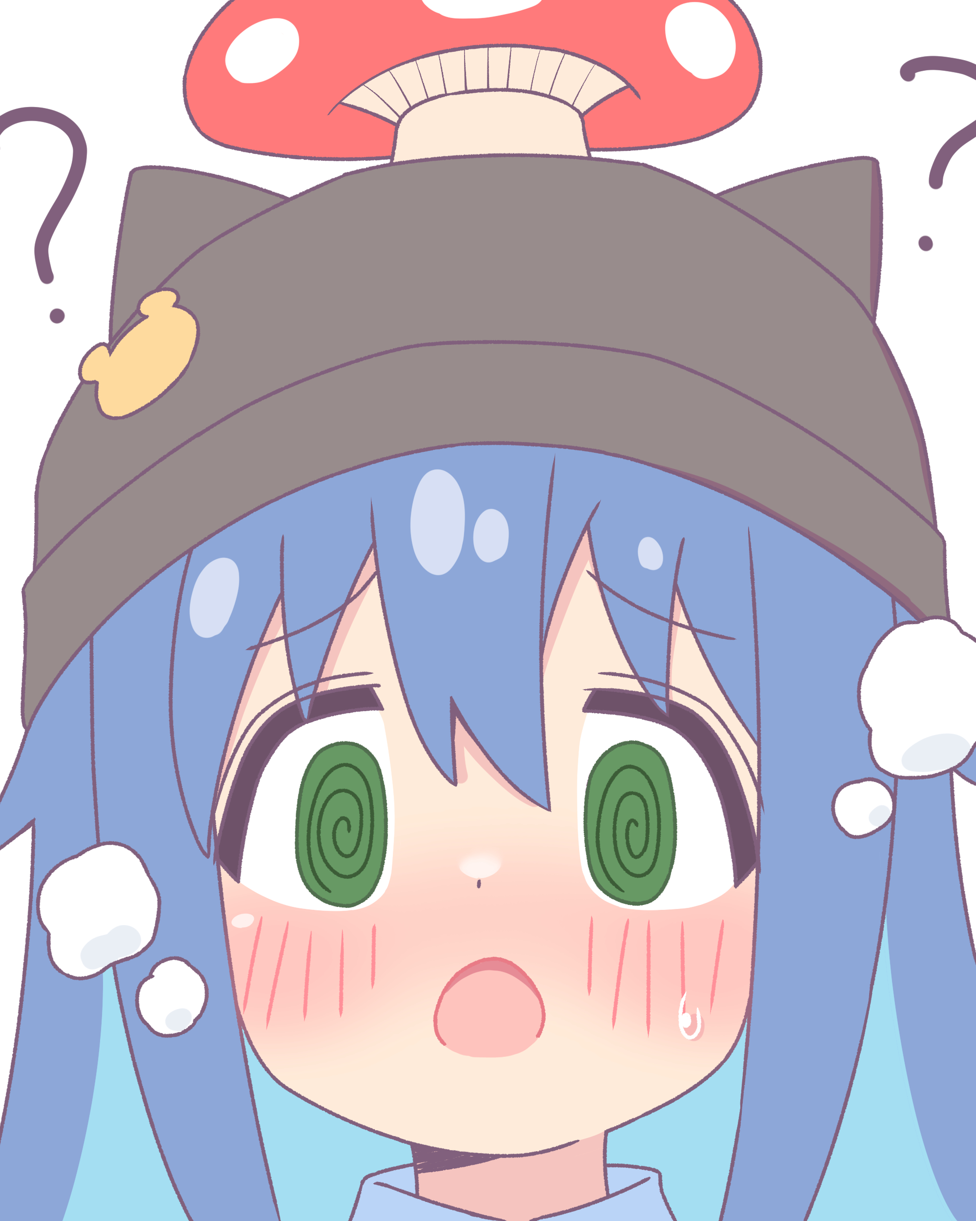 achat, tenkawa nayuta, onii-chan wa oshimai!, absurdres, commentary, highres, 1girl, :o, ?, @ @, aqua hair, black hat, blue hair, blush, colored inner hair, green eyes, hair between eyes, hat, hat ornament, hat with ears, long hair, looking at viewer, multicolored hair, mushroom on head, portrait, simple background, solo, straight-on, two-tone hair, white background