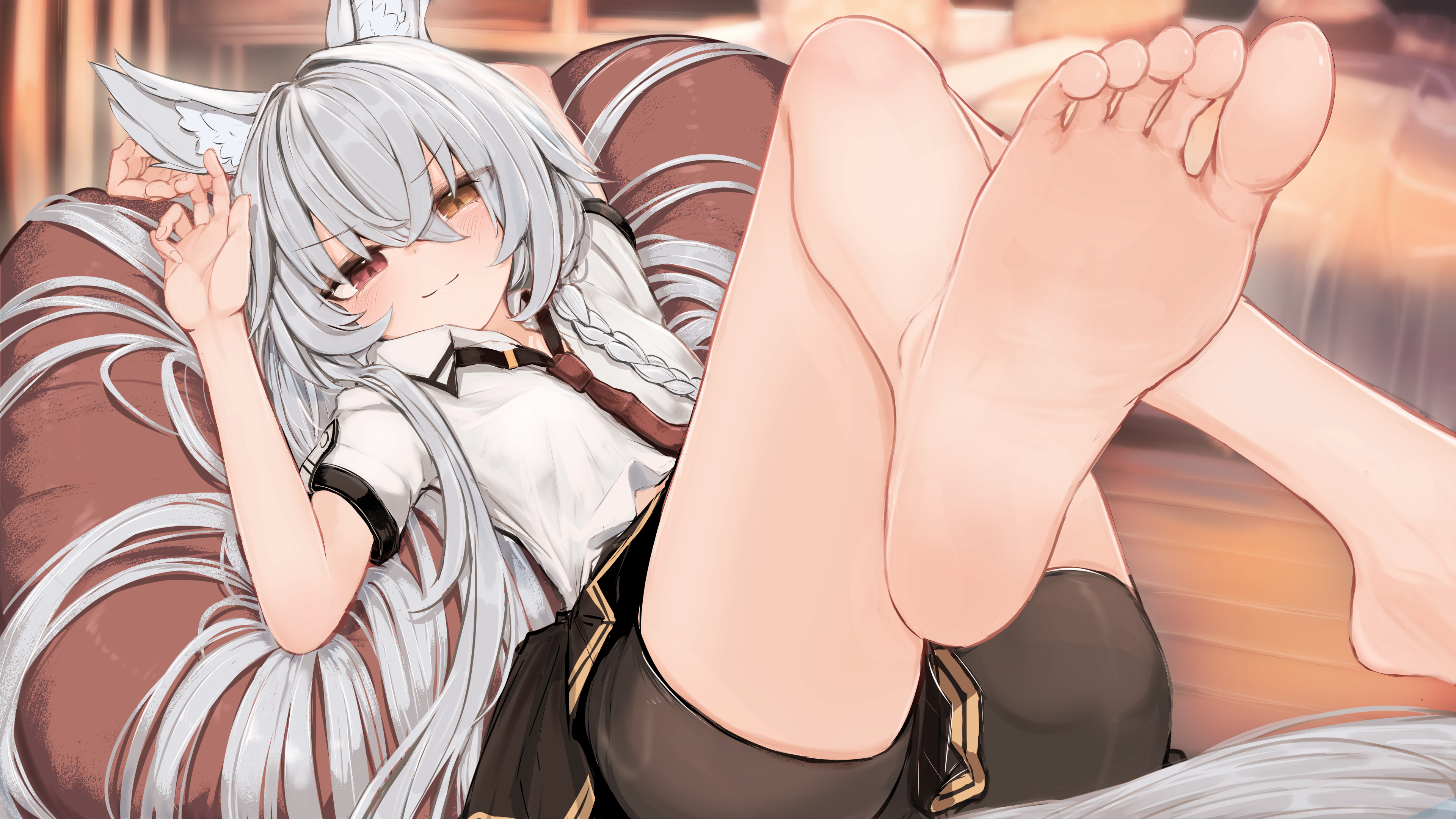 mok4suke, vrchat, absurdres, commentary request, commission, highres, skeb commission, variant set, 1girl, animal ear fluff, animal ears, barefoot, bike shorts, black shorts, black skirt, braid, closed mouth, collared shirt, feet, foot focus, foreshortening, hand up, heterochromia, long hair, looking at viewer, lying, miniskirt, necktie, on back, orange eyes, pleated skirt, red eyes, red necktie, shirt, short shorts, short sleeves, shorts, shorts under skirt, skirt, smile, soles, solo, split mouth, toes, white shirt
