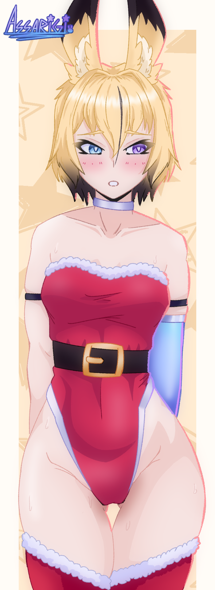 original, highres, animal ears, assarigi, belt, blonde hair, blue eyes, choker, christmas, colored skin, elyra (assarigi), heterochromia, leotard, multicolored eyes, multicolored hair, nervous sweating, nontraditional playboy bunny, prosthesis, prosthetic arm, purple eyes, rabbit ears, rabbit girl, santa costume, sweat, thighs, white choker, white skin