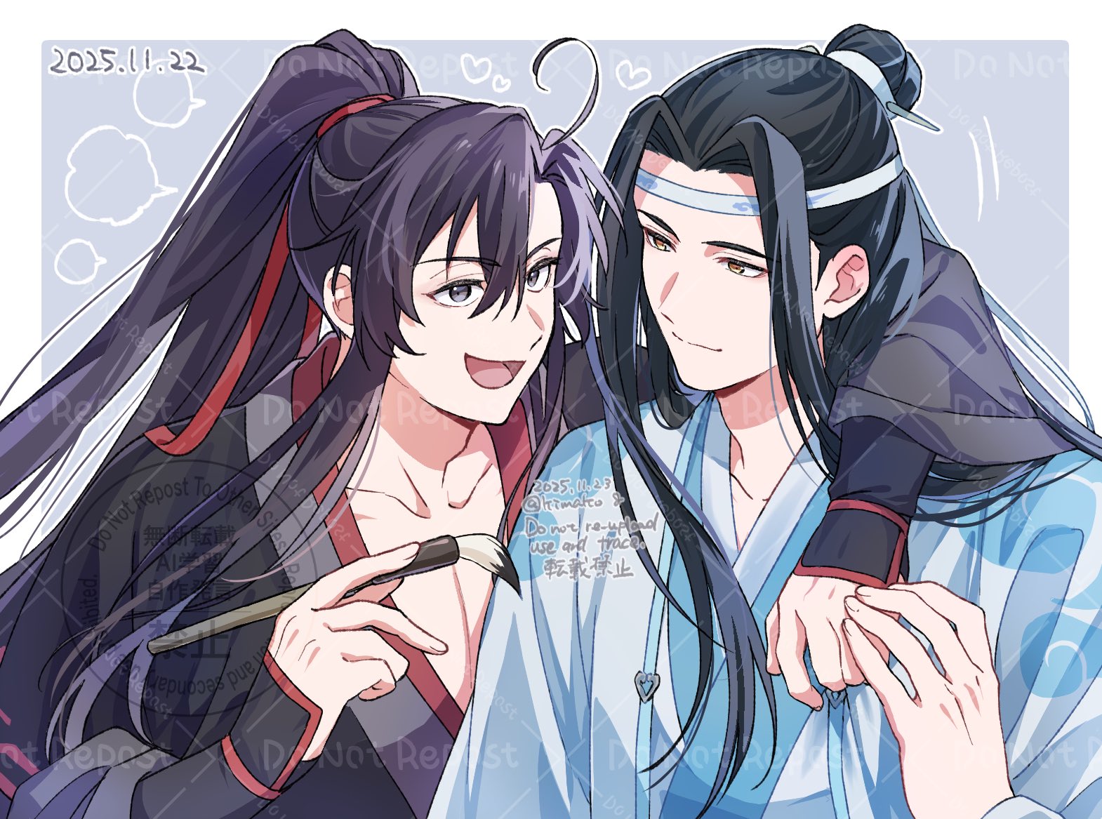 kimako (kimako 8), lan wangji, wei wuxian, modao zushi, commentary request, 2boys, :d, ahoge, arm around shoulder, bishounen, black hair, black hanfu, blank speech bubble, border, calligraphy brush, chinese clothes, closed mouth, collarbone, couple, dated, grey eyes, hair between eyes, hair ribbon, hanfu, headband, heart, high ponytail, holding, holding calligraphy brush, holding paintbrush, long hair, long sleeves, looking at another, male focus, multiple boys, open mouth, paintbrush, pectoral cleavage, pectorals, ponytail, red ribbon, ribbon, robe, sidelocks, sleeves past wrists, smile, speech bubble, topknot, twitter username, upper body, watermark, watermark grid, white hanfu, white headband, wide sleeves, xiao guan (headdress), yaoi, yellow eyes