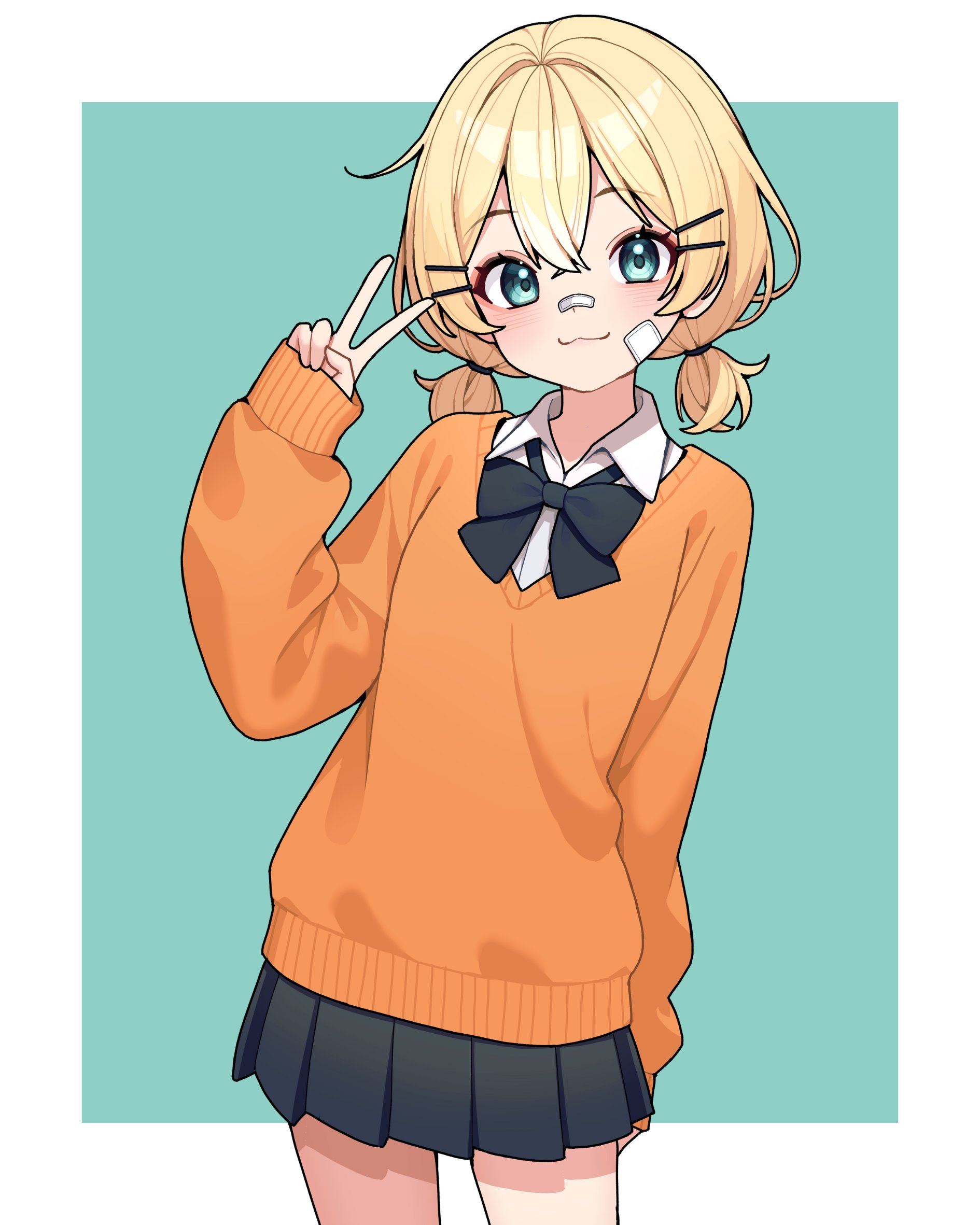 millie parfait, nijisanji, nijisanji en, commentary, english commentary, highres, 1girl, :3, aqua background, aqua eyes, bandage on cheek, bandaid, bandaid on face, bandaid on nose, blonde hair, blush, border, briocats, cowboy shot, hair between eyes, long sleeves, looking at viewer, low twintails, orange sweater, outside border, pleated skirt, short twintails, skirt, sleeves past wrists, smile, solo, sweater, twintails, v, virtual youtuber, white border