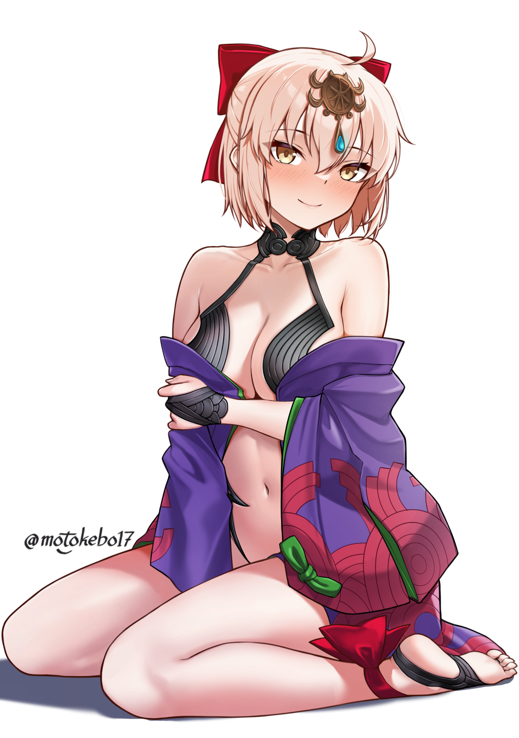 motokebo17, okita souji (fate), shuten douji (fate), fate/grand order, fate (series), highres, 1girl, ahoge, bare shoulders, blonde hair, blush, bow, breasts, cleavage, cosplay, hair bow, headpiece, japanese clothes, kimono, large breasts, long sleeves, looking at viewer, navel, purple kimono, revealing clothes, short hair, shuten douji (fate) (cosplay), smile, solo, wide sleeves, yellow eyes