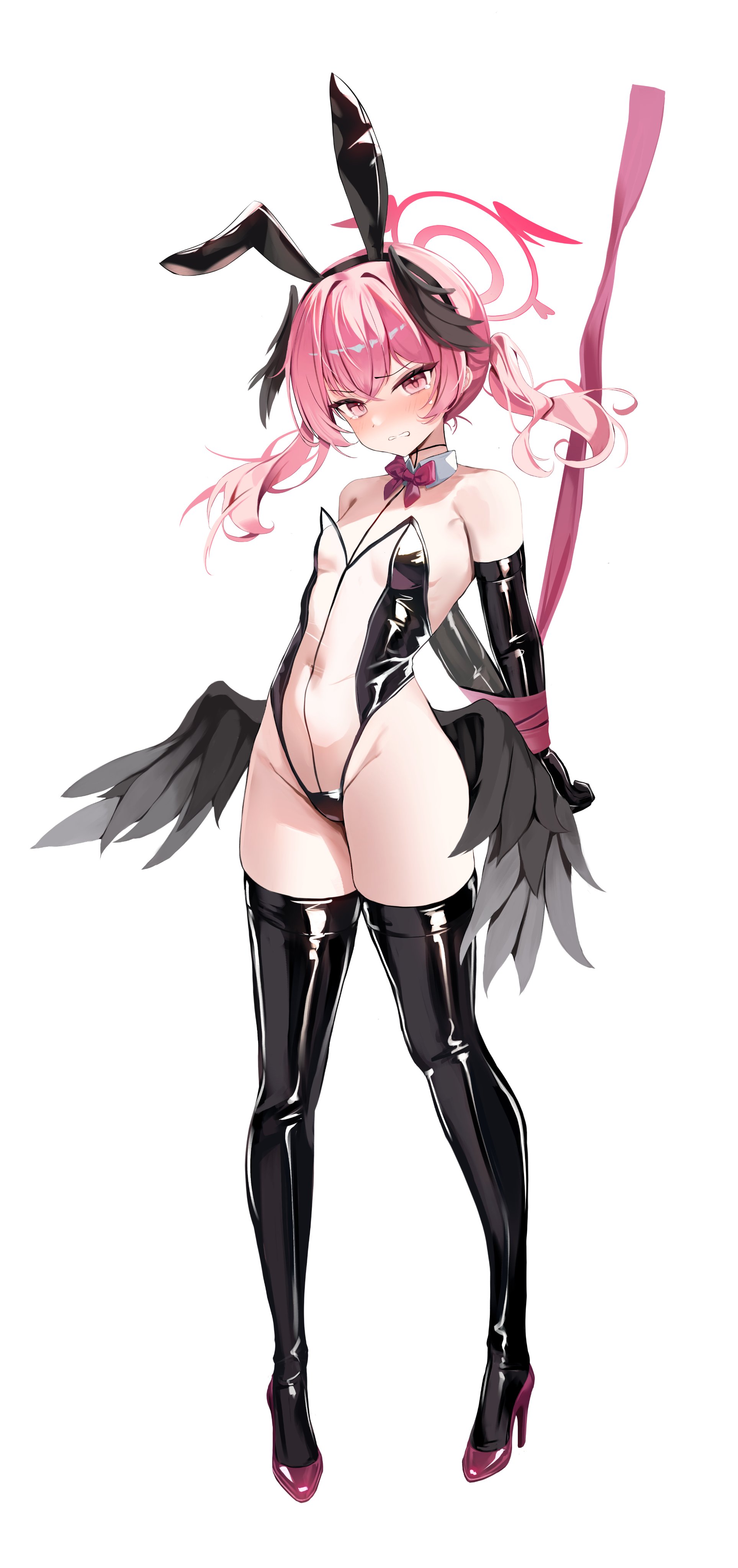 mikiri, koharu (blue archive), blue archive, absurdres, hashtag-only commentary, highres, 1girl, alternate costume, animal ear hairband, animal ears, arms behind back, bare shoulders, bdsm, black leotard, black thighhighs, black wings, bondage, bound, bound arms, bow, bowtie, breasts, clenched teeth, covered navel, detached collar, elbow gloves, fake animal ears, feathered wings, gloves, hairband, halo, head wings, high heels, latex, latex gloves, latex thighhighs, leotard, long hair, low wings, mini wings, pink bow, pink eyes, pink hair, pink halo, rabbit ear hairband, rabbit ears, see-through clothes, see-through leotard, simple background, small breasts, solo, tearing up, teeth, thighhighs, twintails, white background, wings