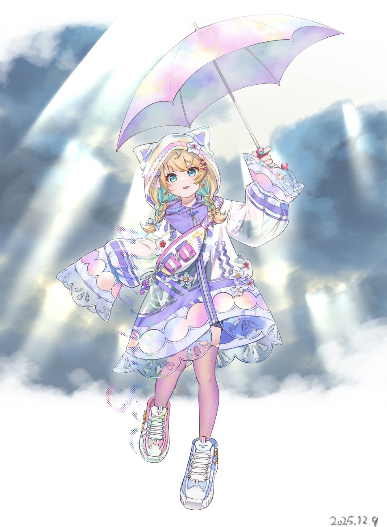 syake2019, millie parfait, nijisanji, nijisanji en, commentary, highres, symbol-only commentary, 1girl, ahoge, animal hood, aqua eyes, aqua hair, aqua nails, blonde hair, blush, bow, braid, cat hood, cloud, cloudy sky, dated, earrings, full body, hair bow, holding, holding umbrella, hood, hood up, jacket, jewelry, layered clothes, light rays, low twin braids, medium hair, millie parfait (5th costume), multicolored hair, multiple hair bows, open mouth, overalls, pink thighhighs, see-through clothes, see-through jacket, shoes, sky, sneakers, solo, streaked hair, sunbeam, sunlight, thighhighs, twin braids, umbrella, virtual youtuber